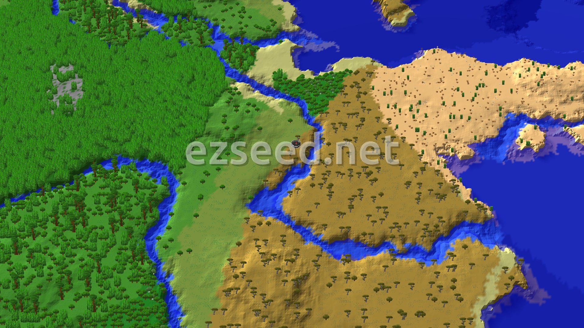 Aerial Minecraft seed map — Bamboo Jungle and Desert Village