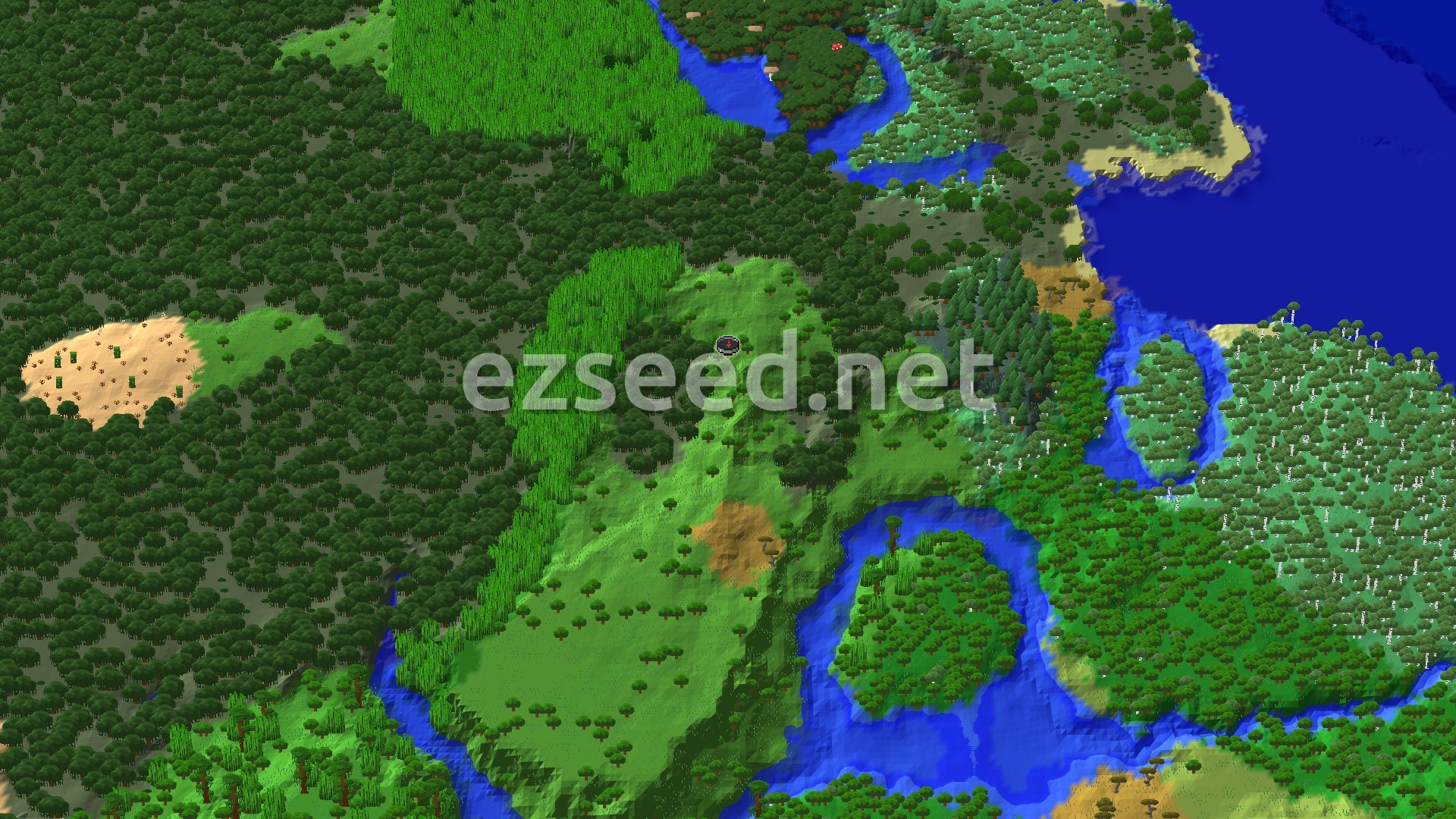 A 3D fly-over of a jungle-covered ridge with bamboo stands, small forested islands in rivers, a sandy patch to the west and open ocean to the northeast.