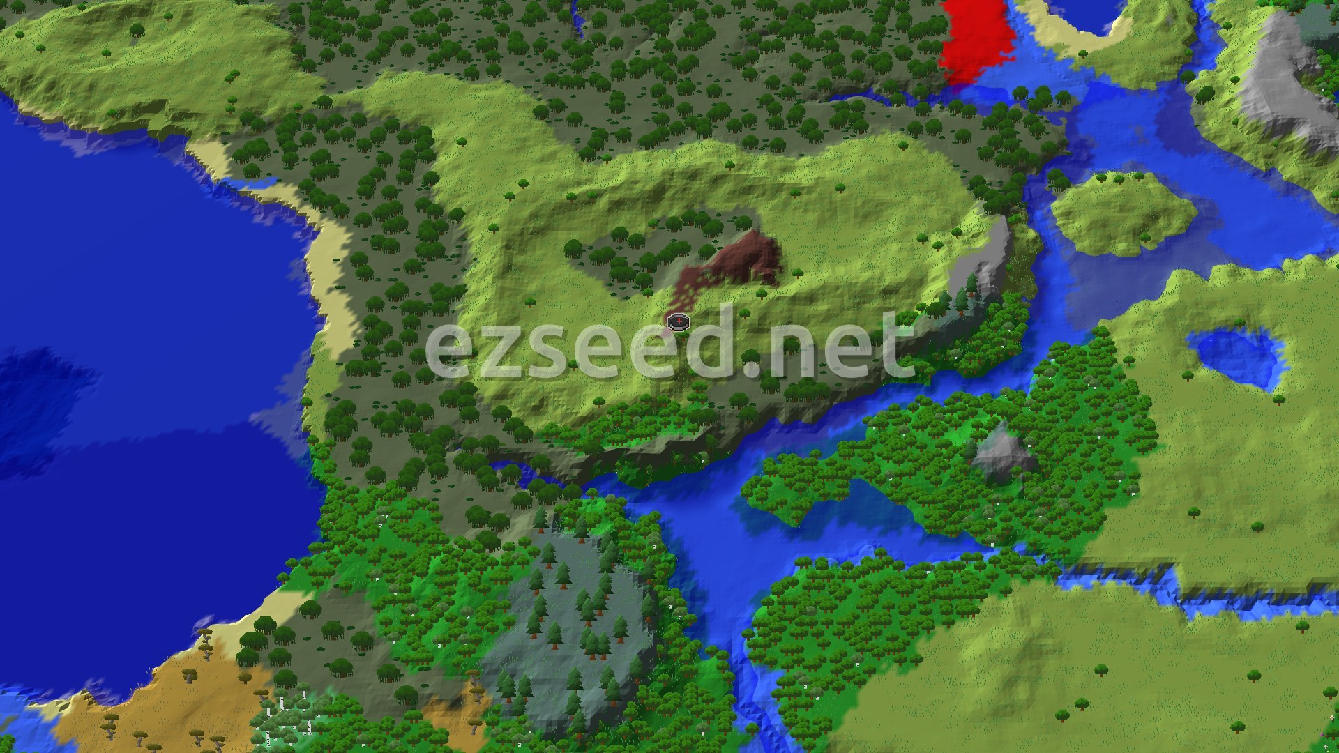A grassy plateau with a few dark oaks, ringed by forest, a wide river, a sandy coast and open sea to the west.
