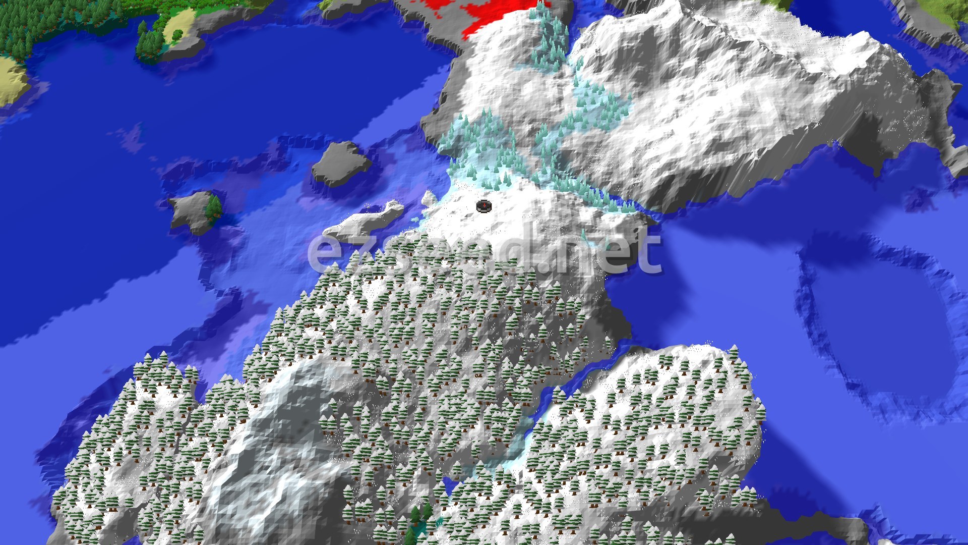 A snow-covered ridge runs between two stretches of blue ocean, with snowy spruce forest covering the slopes to the south and a pale mountain mass to the north-east.