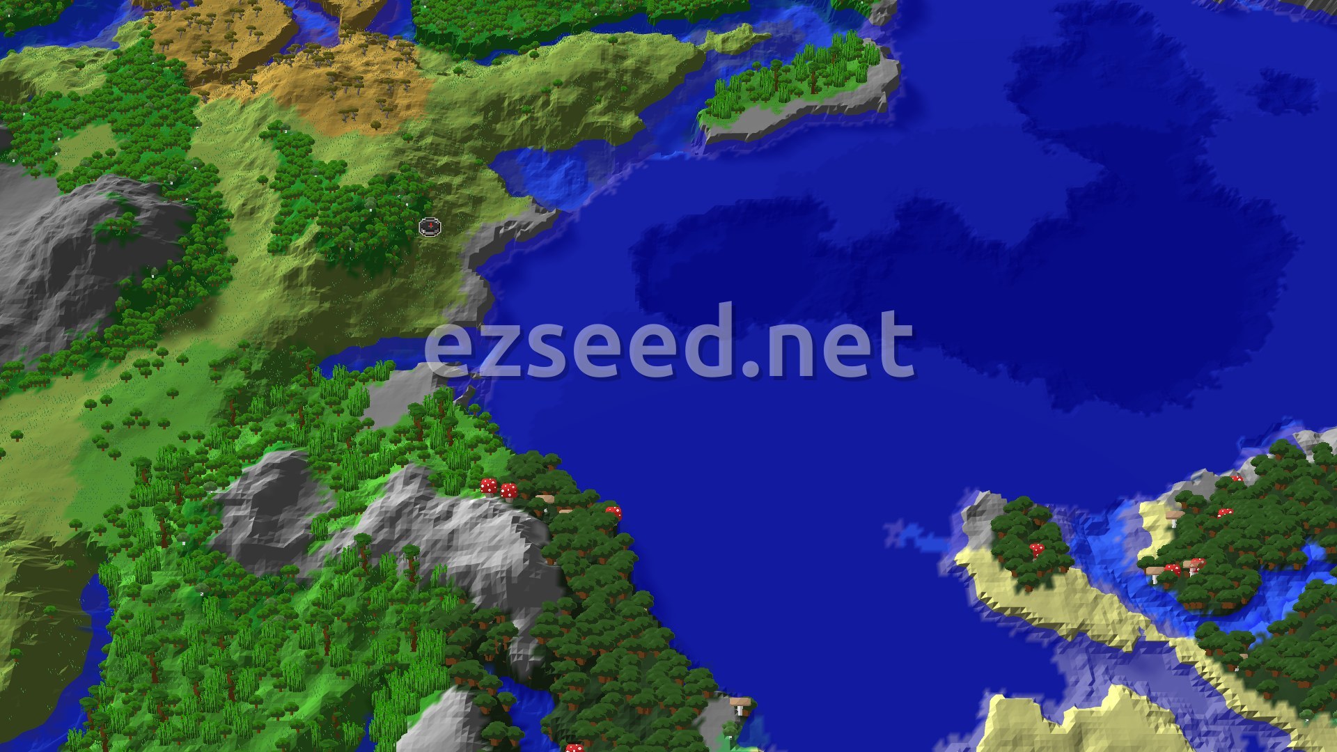 Forested hills and grassland slope down to a stony shoreline on a wide blue ocean, with savanna to the north and a tree-covered island across the water.
