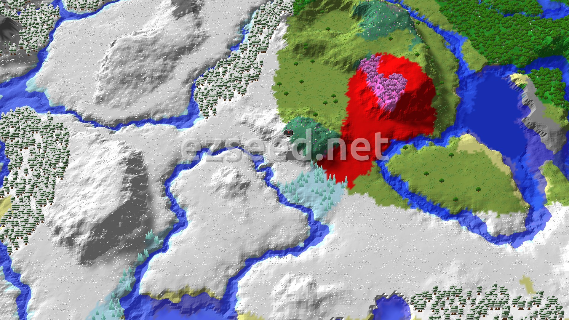 A 3D render of a snowy landscape with a prominent red mountain peak, a cherry grove, and a mix of green plains and forests, with a river winding through the snow.