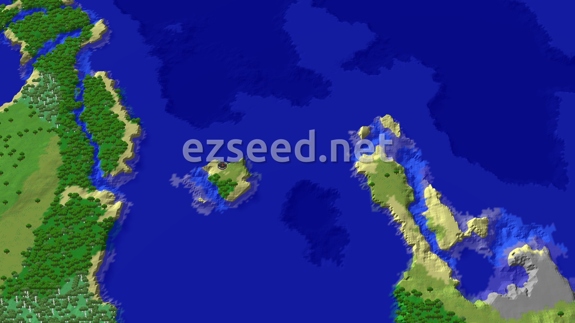 A small sandy island with a patch of trees sits alone in deep blue water, with forested mainland coastlines to the west and a long beach peninsula to the east.