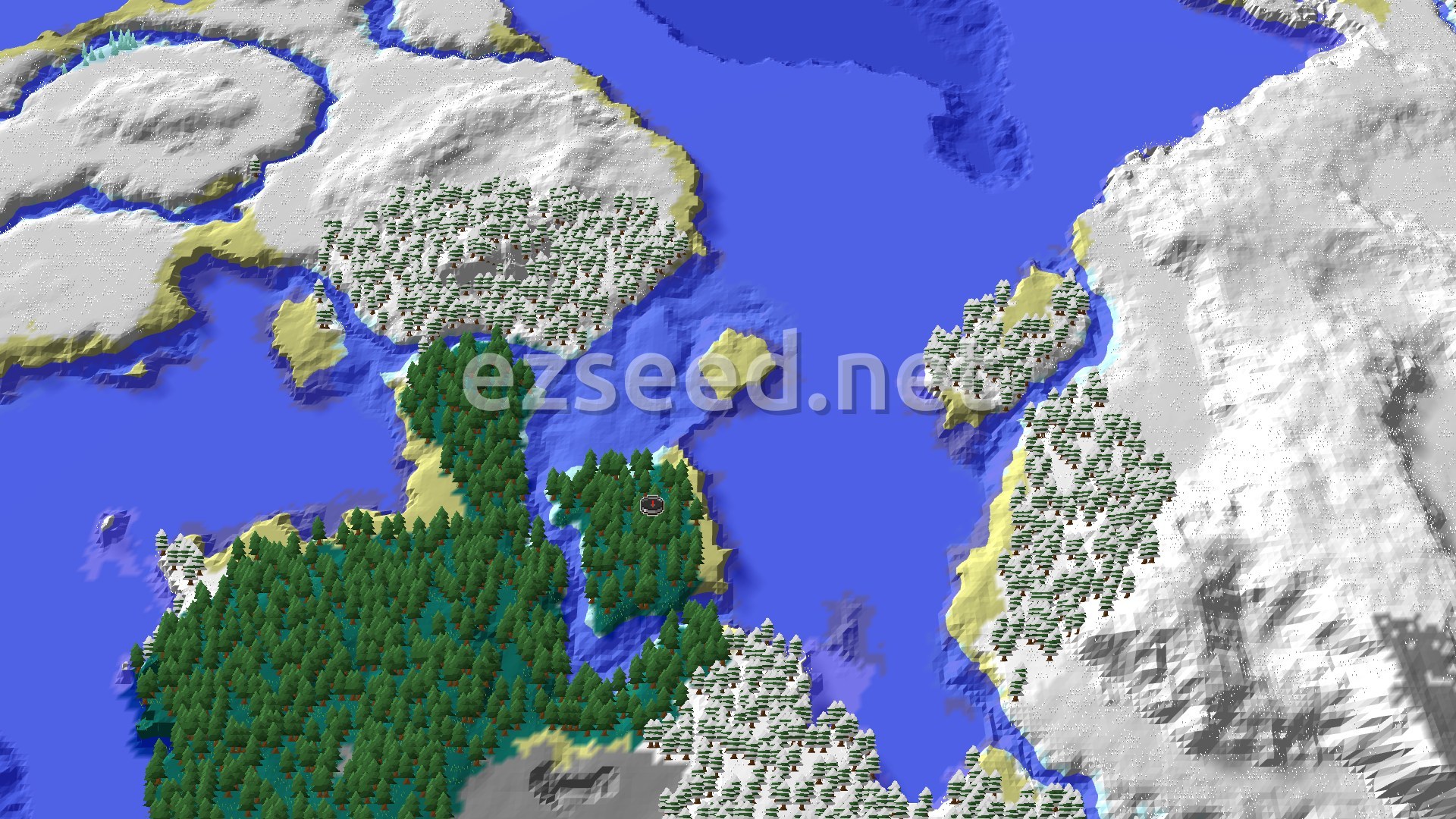 An aerial view shows a small, green Taiga island surrounded by blue water, with snowy landmasses and more Taiga forests in the distance.
