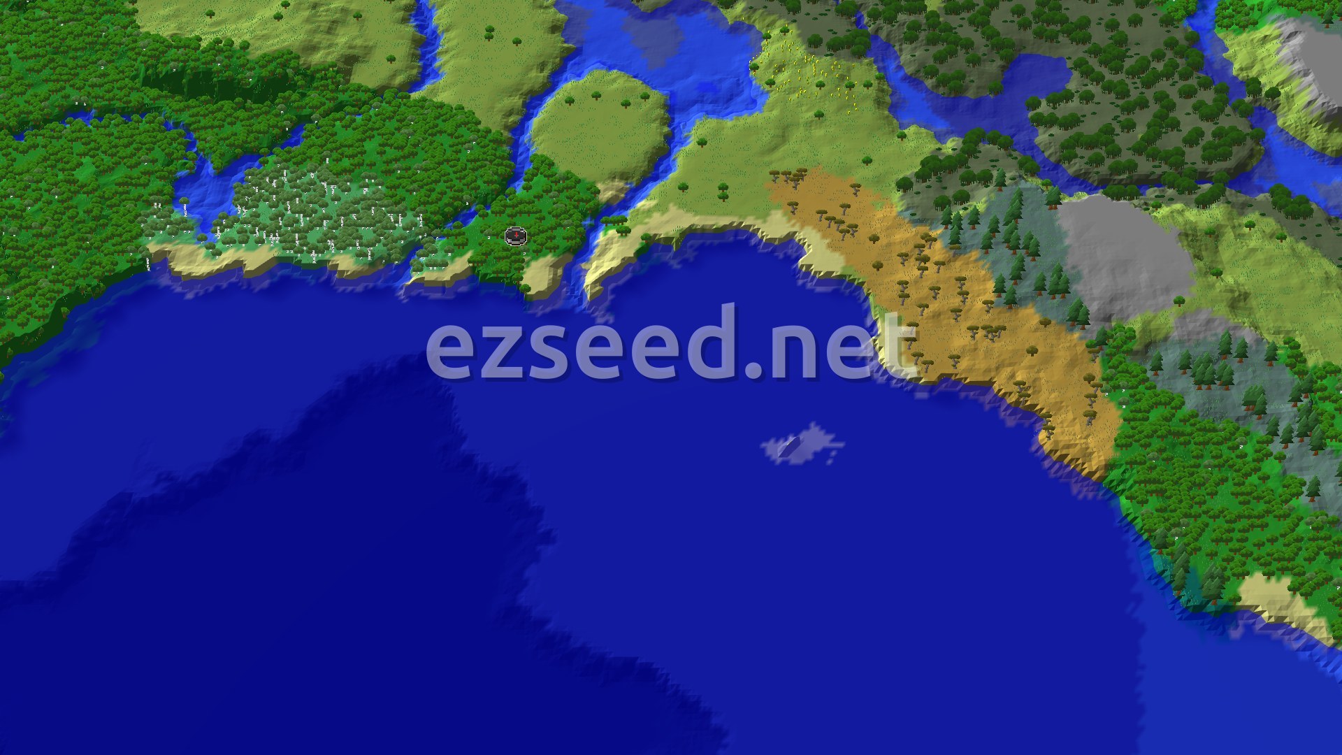 A forest on a coastline looking out over a wide blue bay, with a birch grove to the west and savanna and spruce slopes along the far shore.