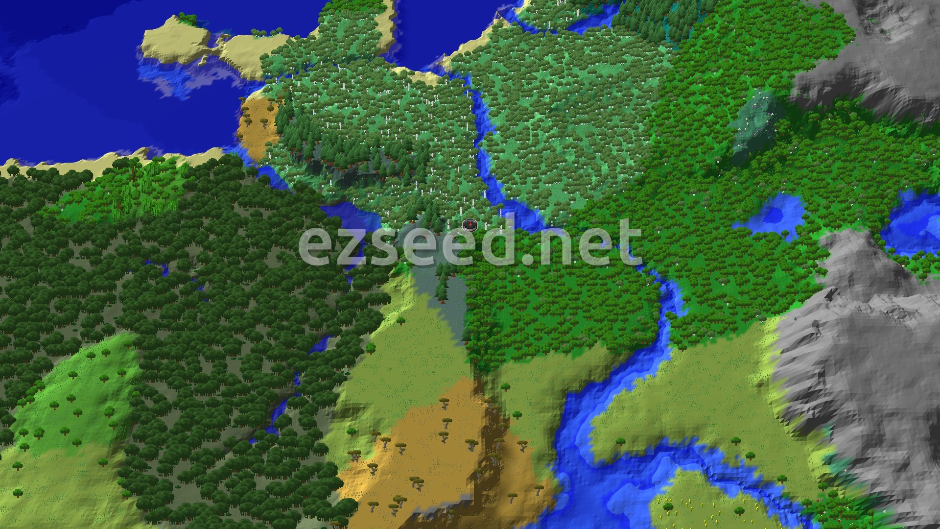 A bird's-eye view of a forested landscape with a river winding through, leading to a large ocean. Savanna biomes with scattered acacia trees are visible on one side, and rocky mountains rise on the other. The spawn marker is in a dense forest.