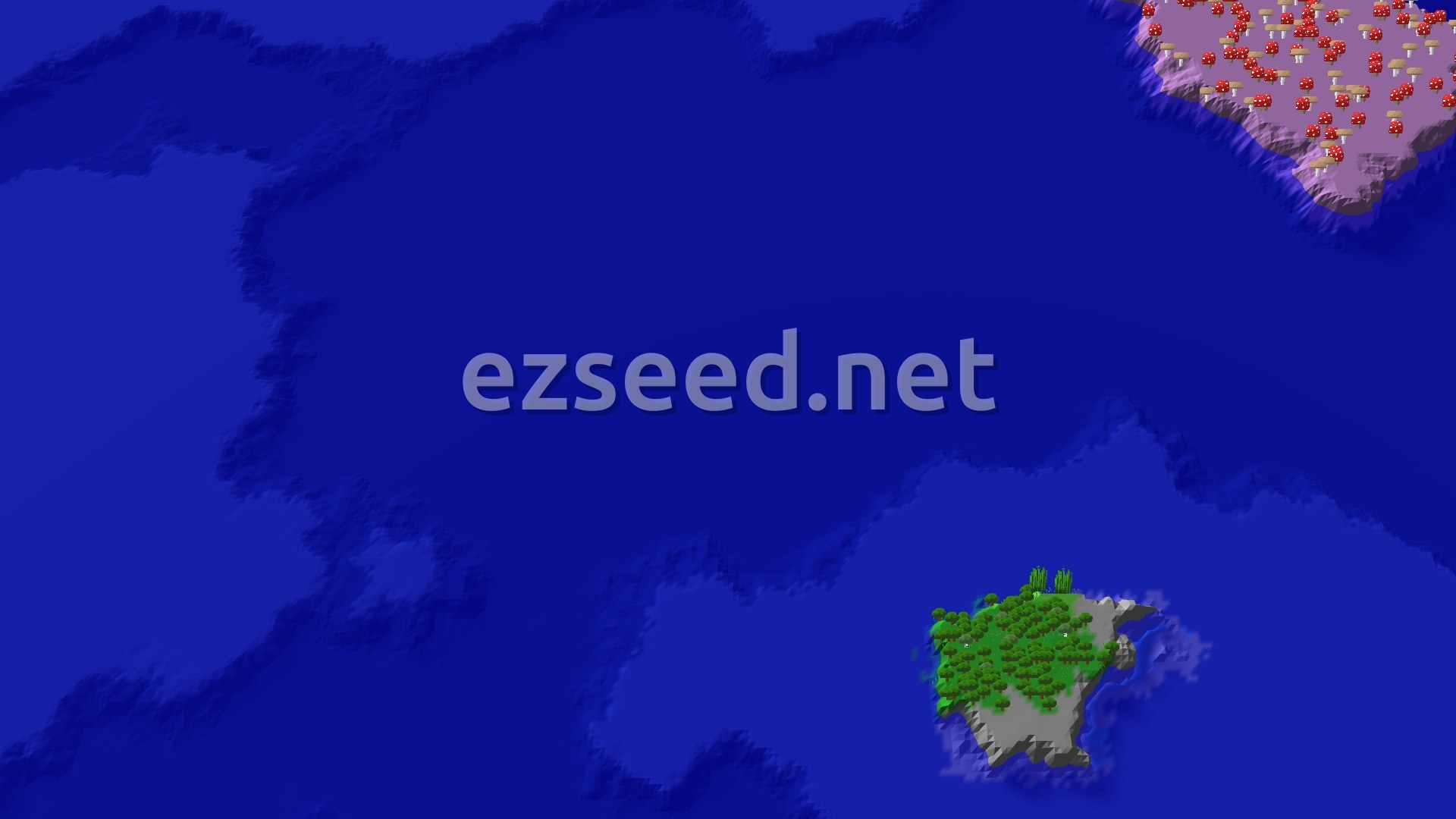 A small jungle island with sparse jungle trees at the center of a vast blue ocean, with a mushroom island visible in the distance.