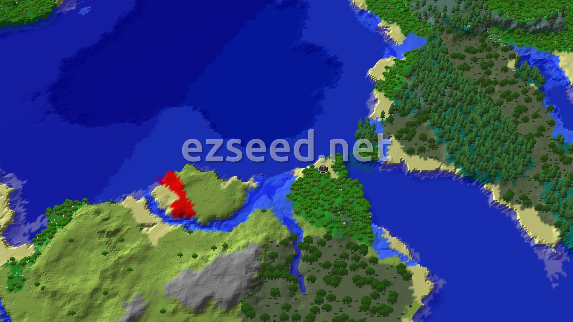 A forested headland pokes into dark blue cold ocean, with sandy beaches, a spruce-covered shore to the east and grassy hills to the south.