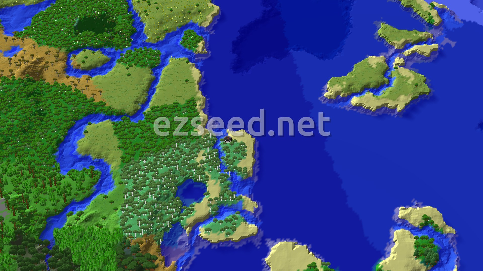 An aerial view of a green island covered in birch trees, surrounded by blue ocean, with a spawn marker in the center. Smaller islands are visible in the distance.