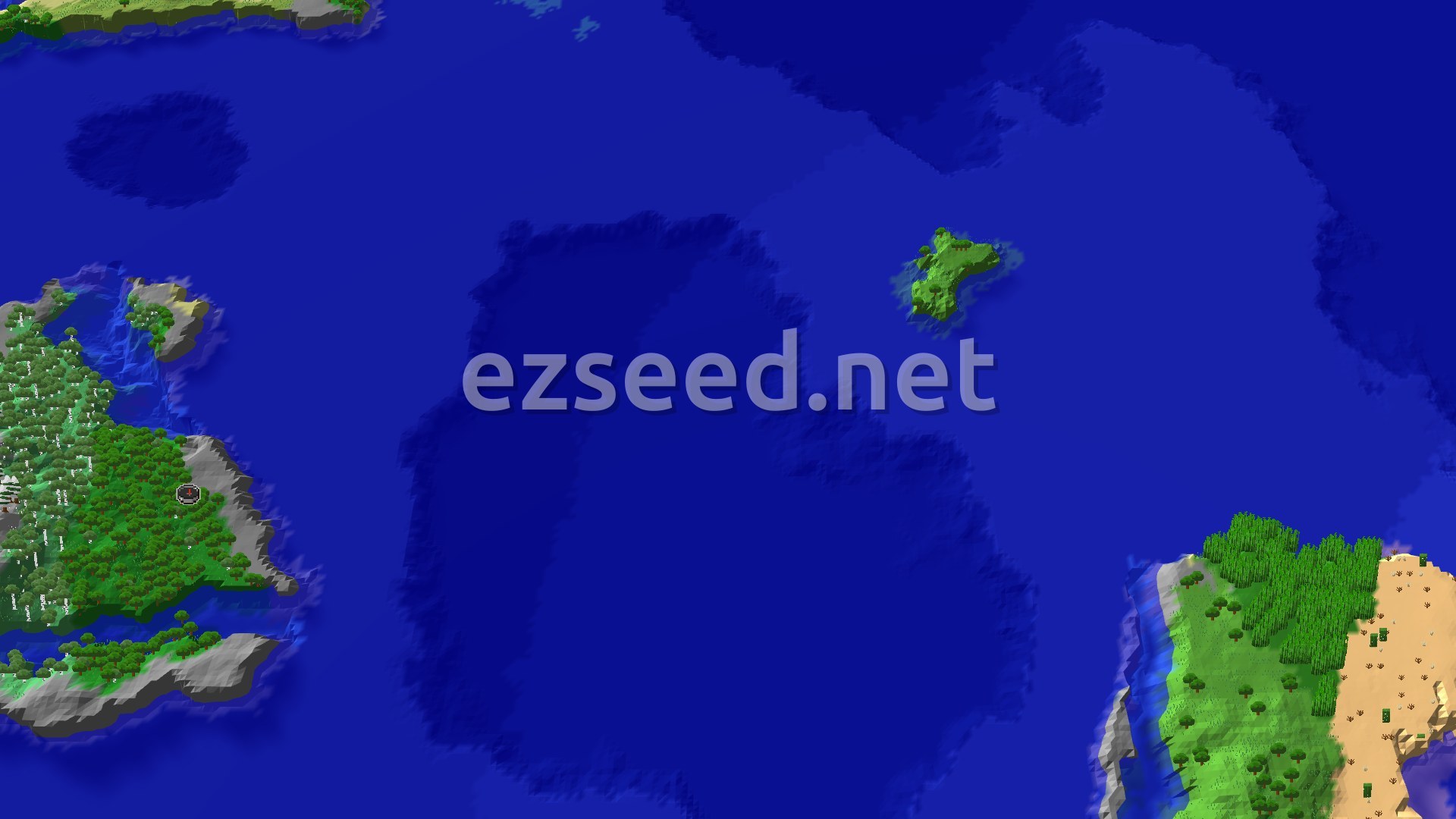 A bird's-eye view of a large, irregularly shaped island covered in a dense green forest, surrounded by deep blue ocean. A small red spawn marker sits near the center-left of the island. Rocky shores line parts of the island, and smaller islands are visible in the distance.