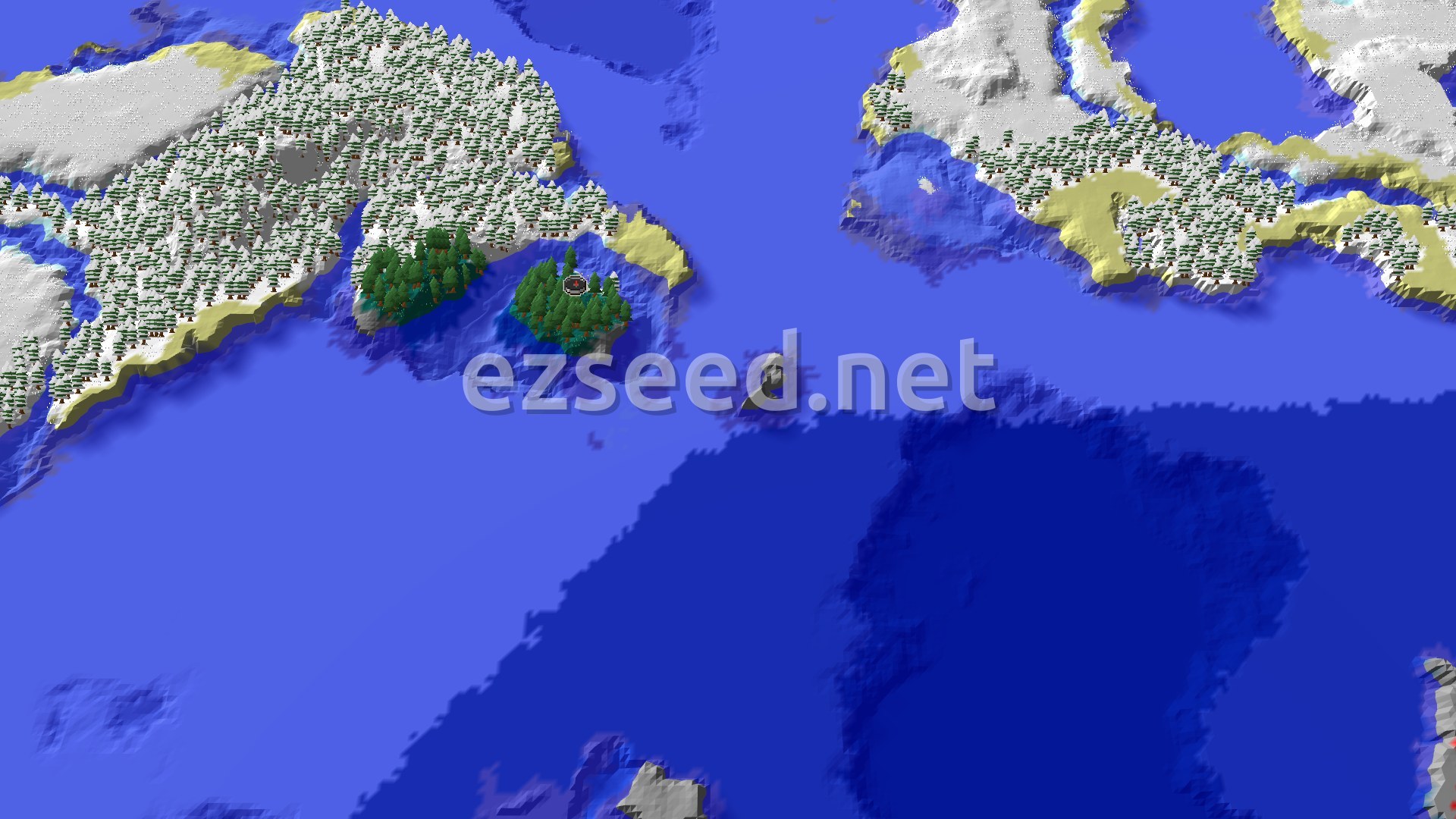 A small, forested island, primarily green taiga trees, surrounded by blue ocean water. Snow-covered landmasses are visible in the distance to the north and east.