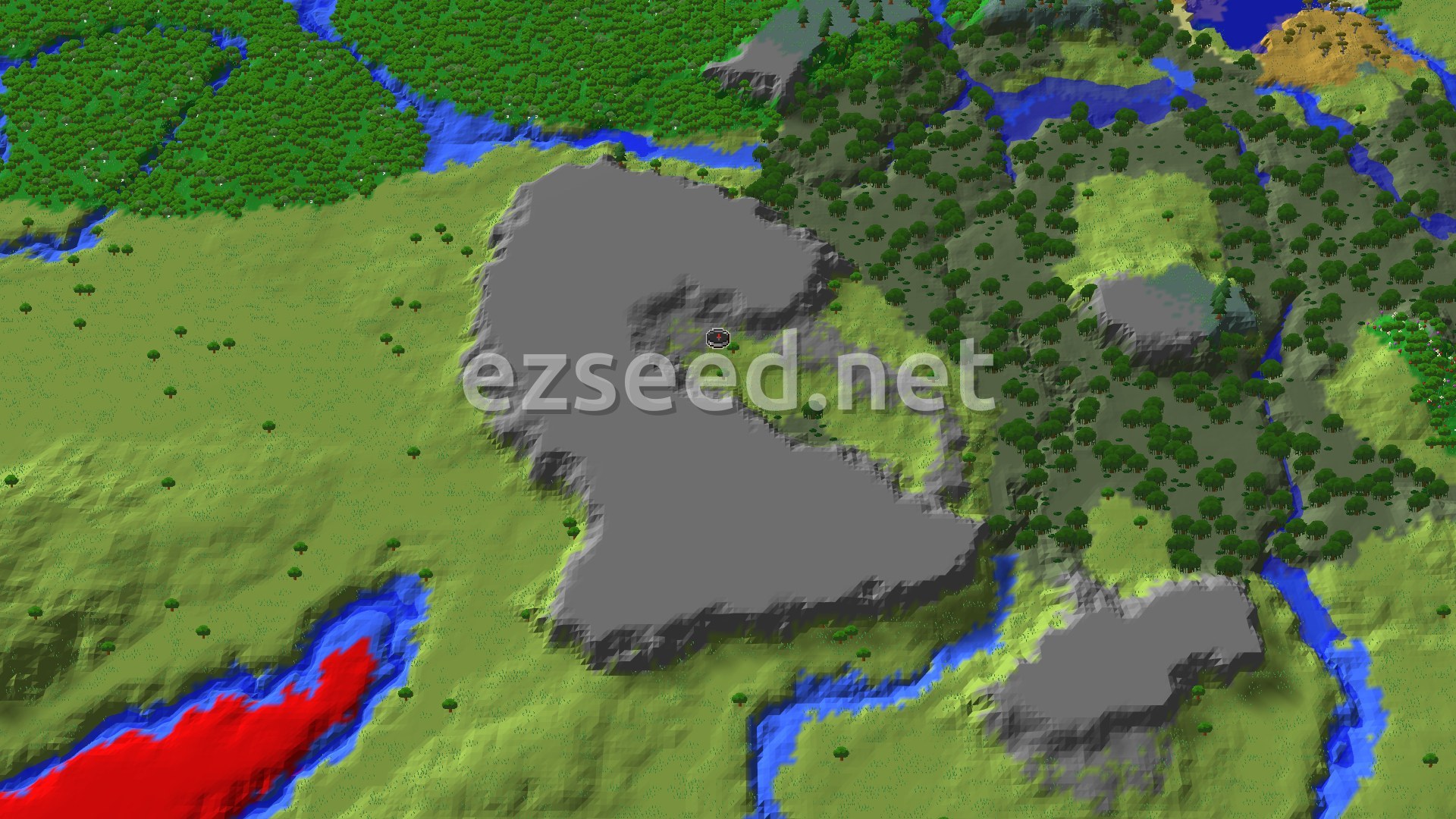 A 3D fly-over of open grass plains with grey gravelly hills beside spawn, dark forest and winding rivers to the east, and a red-marked patch at the bottom left.