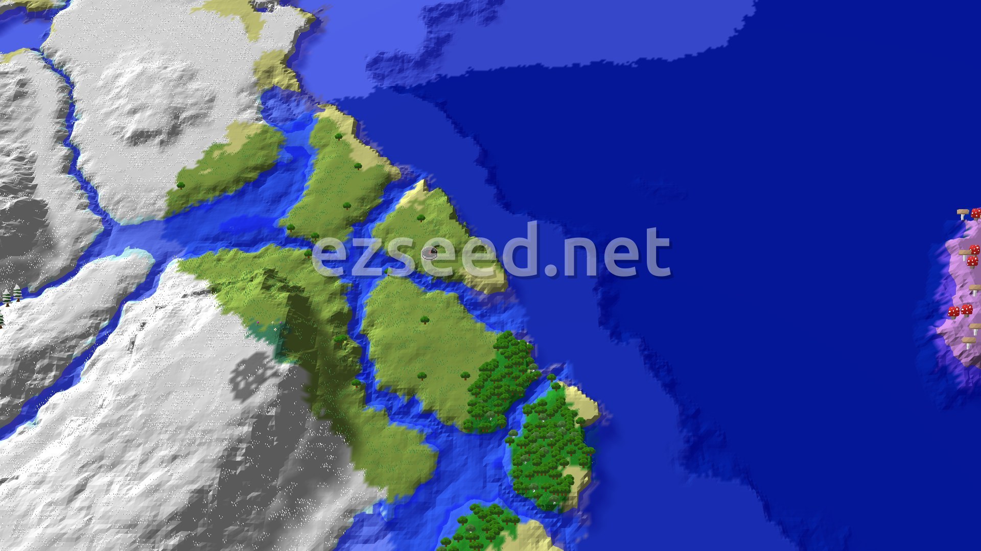 An aerial view of a cluster of green islands in a blue ocean, with snowy mountains to the west and a purple mushroom island to the far east.