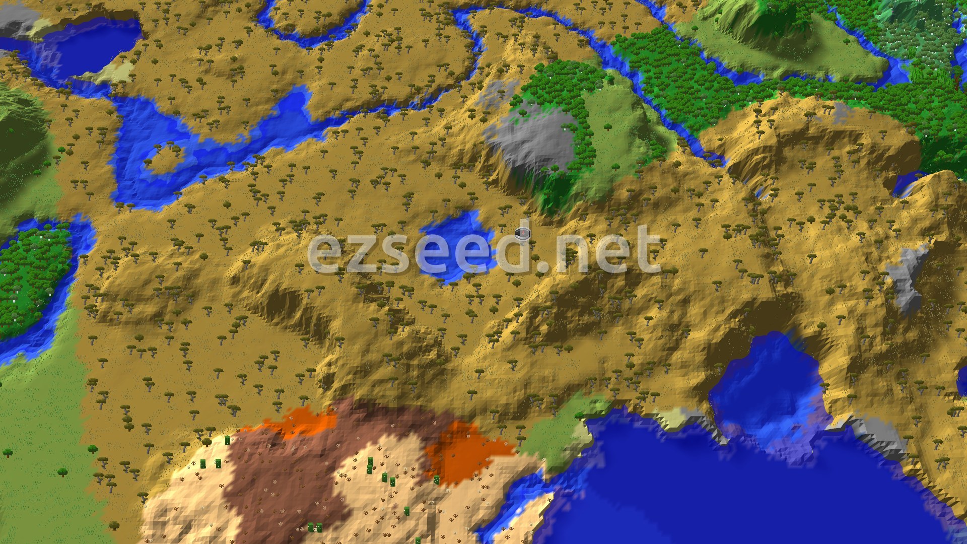 A sweeping view of a savanna biome with scattered acacia trees and rolling hills. A river winds through the landscape, and a dark green forest sits in the distance. Towards the bottom, there is an area of reddish-brown badlands terrain.