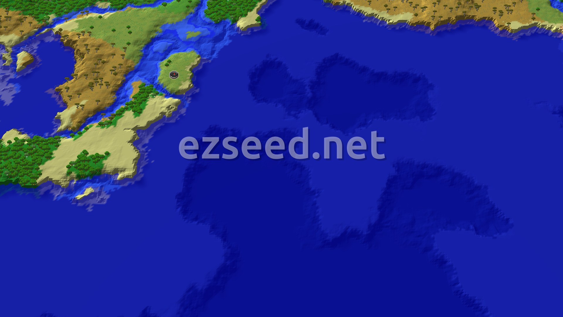 A grassy patch of plains ringed by shallow turquoise water, with savanna and forest shoreline to the west and deep blue ocean stretching east and south.