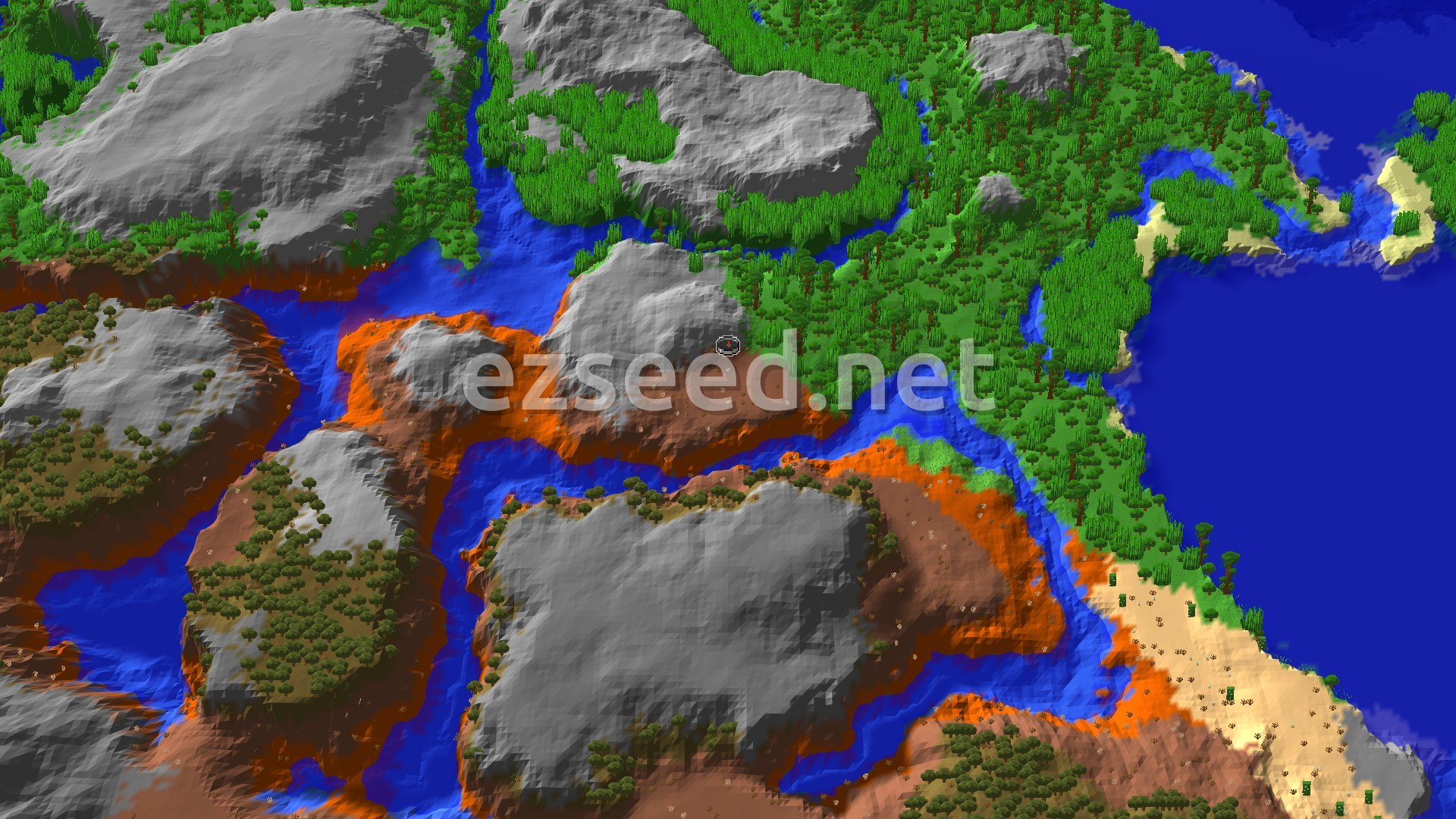 Grey stone hills wrapped in orange terracotta and dark oak scrub, with a river cutting through to a dense jungle and open ocean on the right.