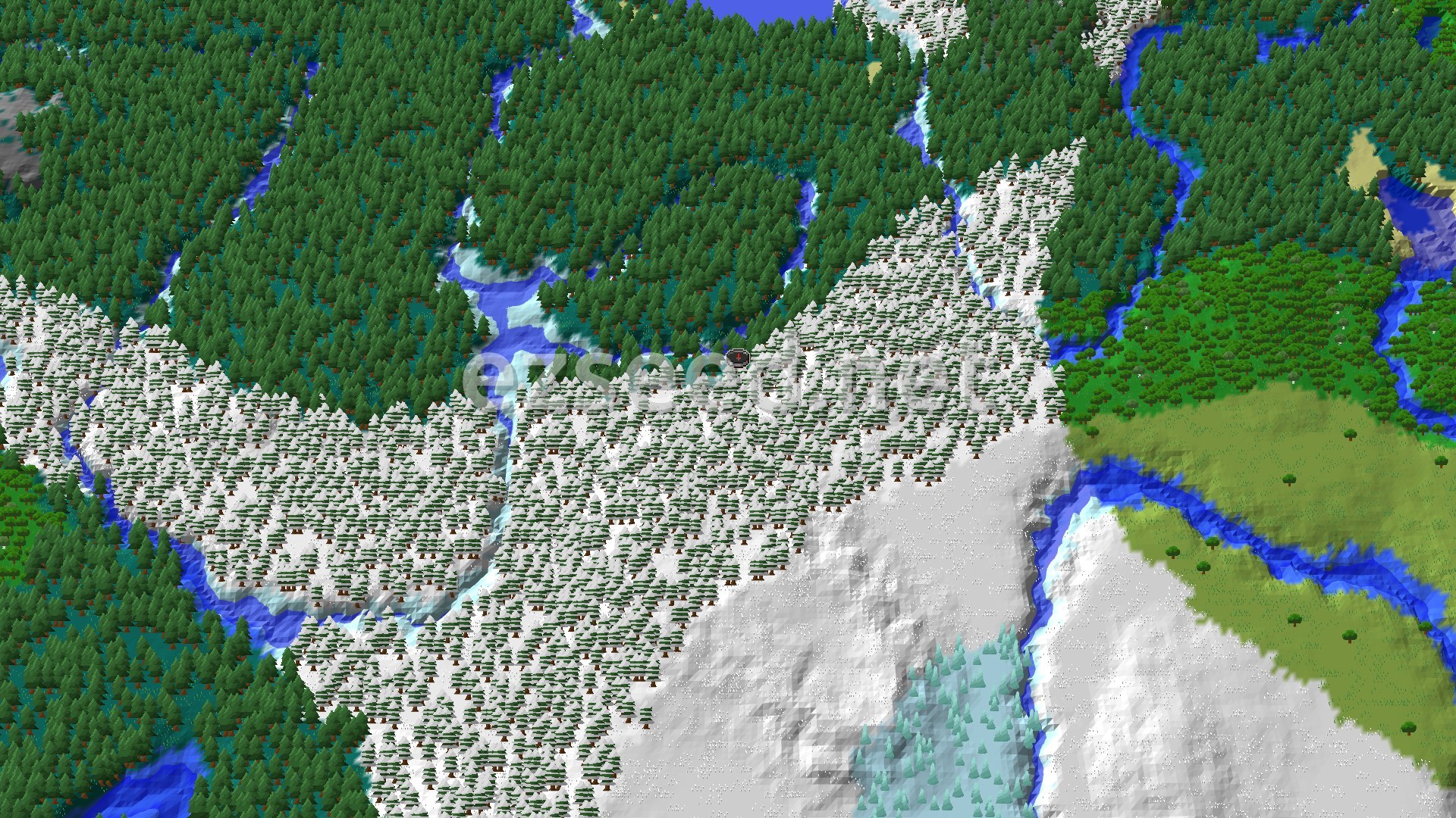 Snow-dusted spruce forest at spawn, bordered by dark green taiga, winding frozen rivers and a pale snowy plain to the south east.