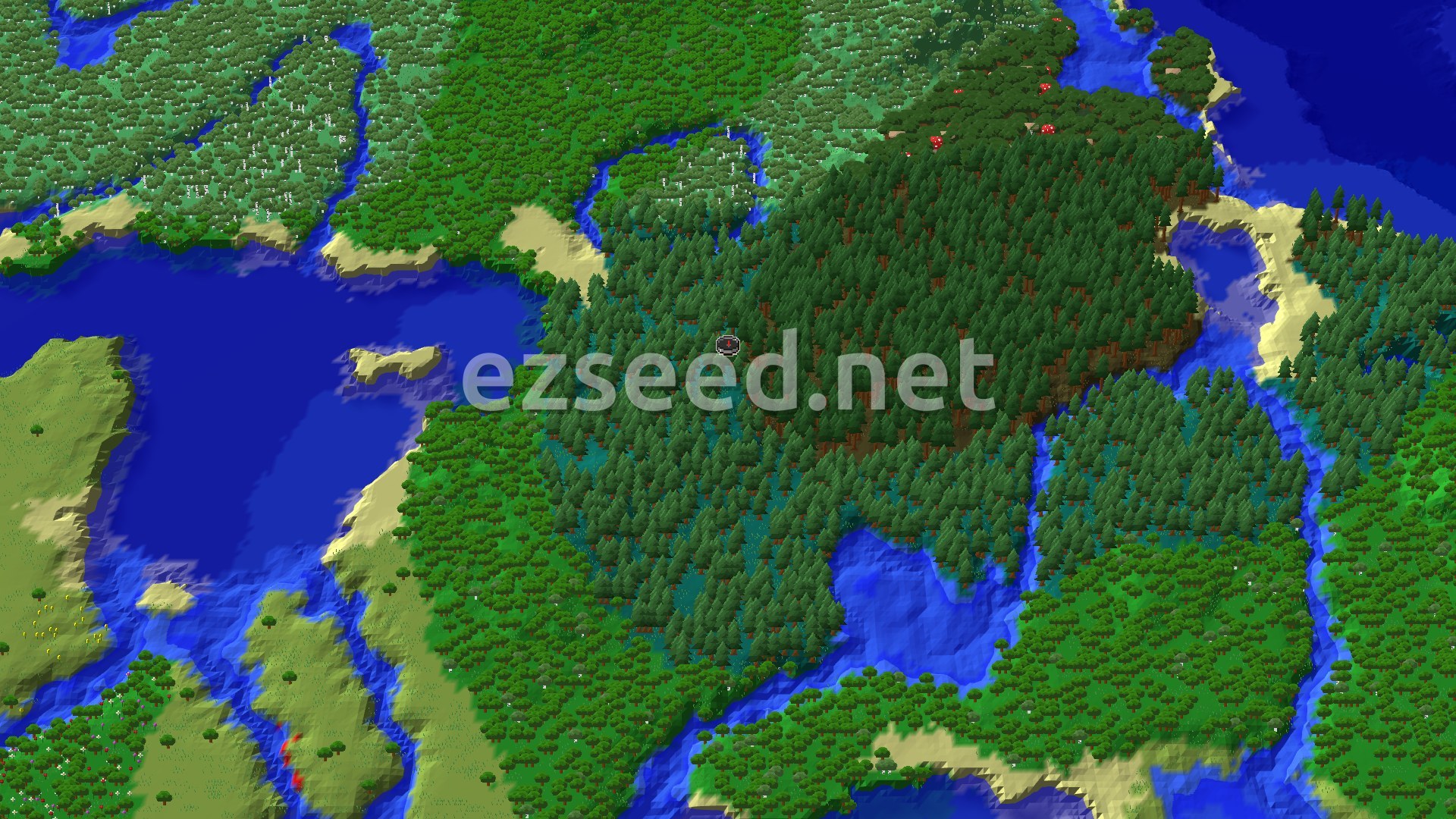 An aerial view shows a dense forest of green trees with a winding blue river cutting through the landscape. Sandy beaches line the edges of larger bodies of water, and a small marker indicates the spawn point within the forest.