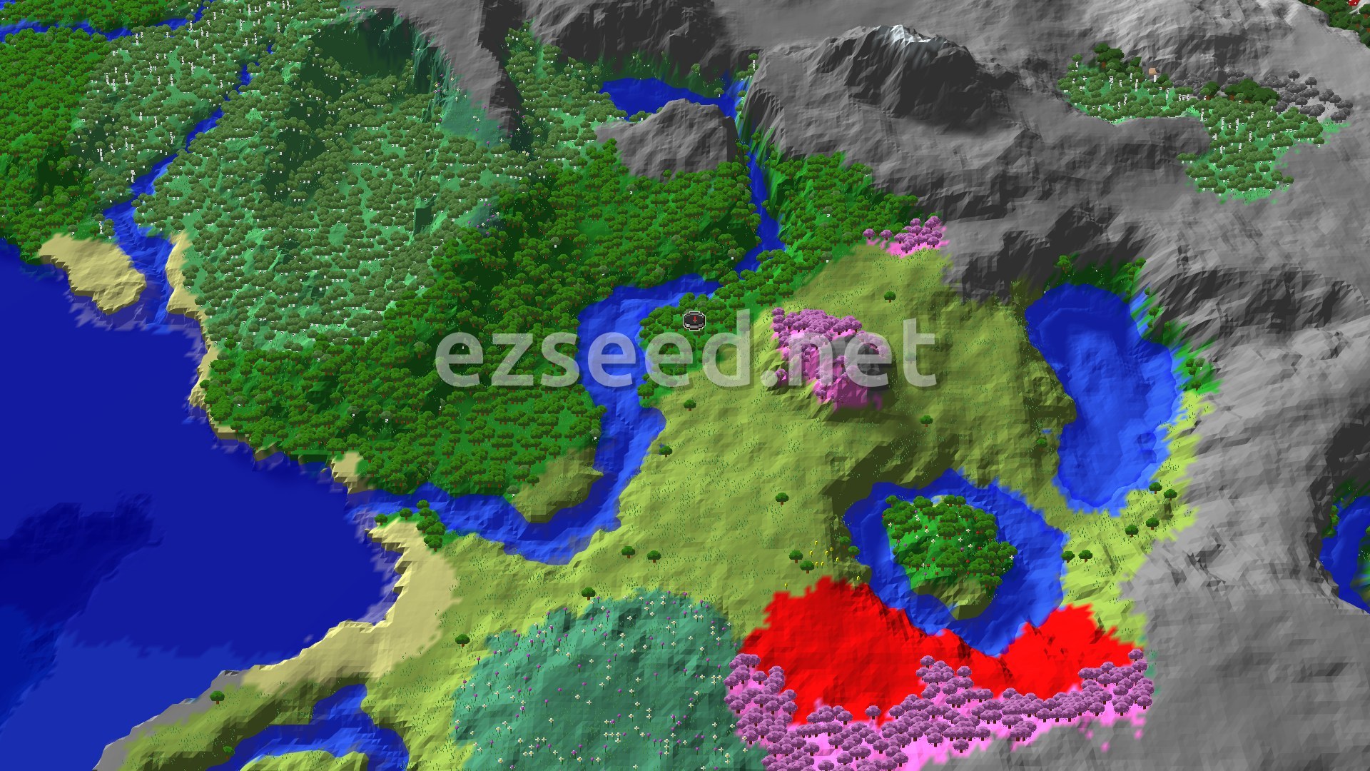 A 3D render of a Minecraft world showing a central valley with lush green forests, a winding river, and patches of pink cherry blossom trees. Tall grey mountains ring the valley, and a small spawn marker is visible at the center.