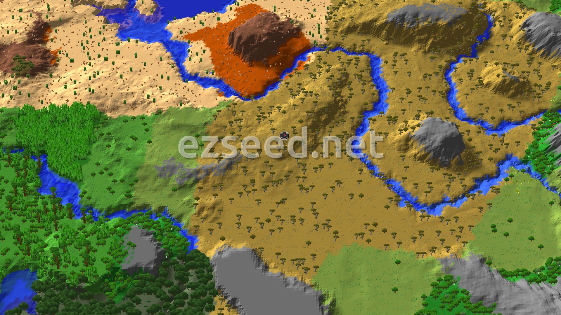 Aerial Minecraft seed map — Savanna Village and Badlands Mesa Along a Winding River