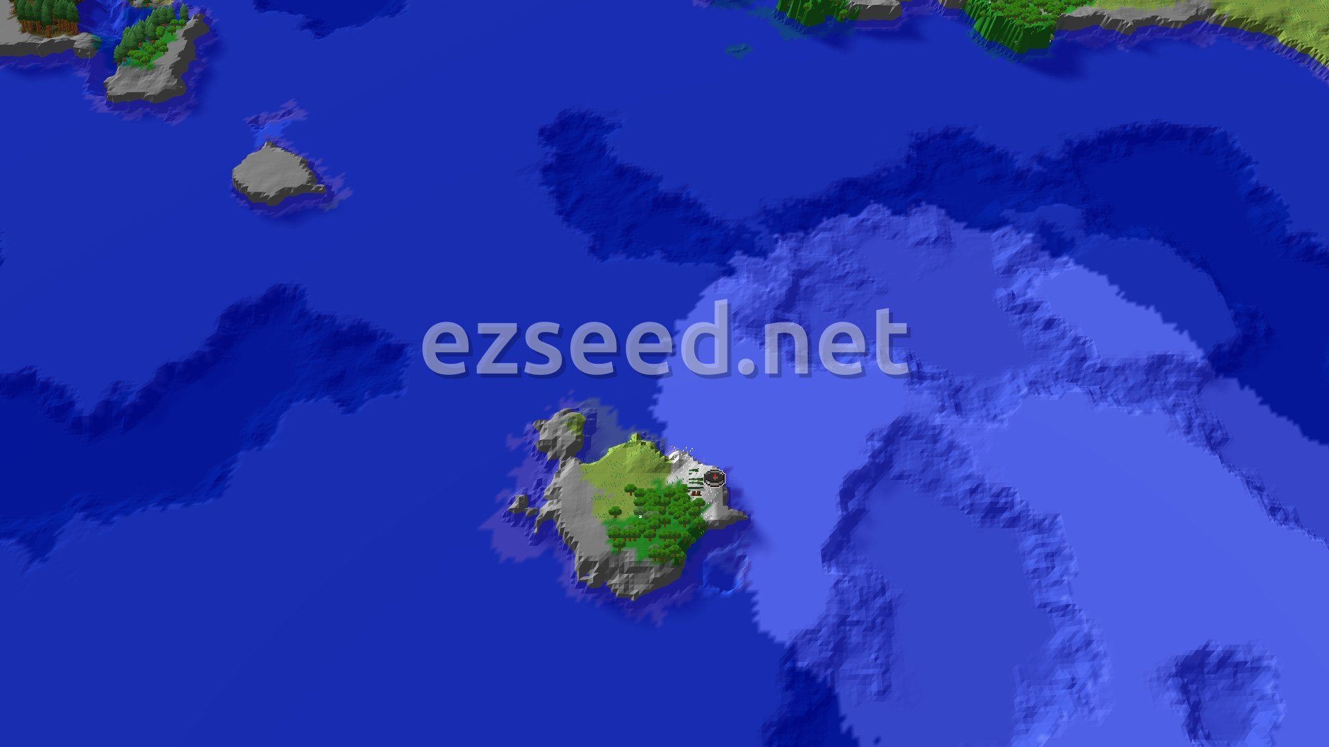 An aerial view of a small, green island with some snowy peaks, surrounded by vast blue ocean.