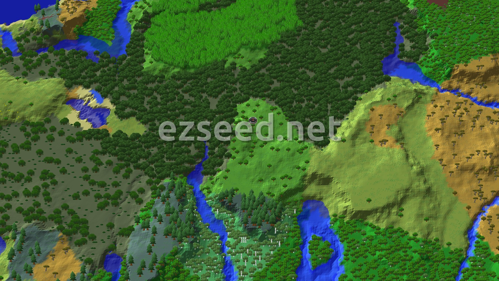 A grassy clearing inside dense dark jungle canopy, with a bright bamboo patch to the north, rivers cutting through, and savanna ridges to the east.