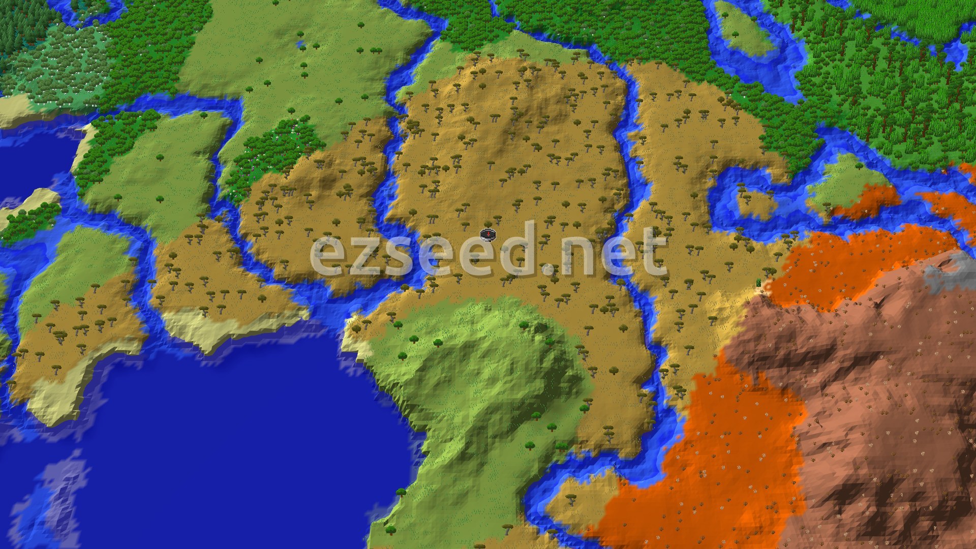 An overhead view shows a sprawling savanna landscape with scattered trees, bordered by winding rivers and a large lake to the west. A small spawn marker is visible at the center of the savanna.