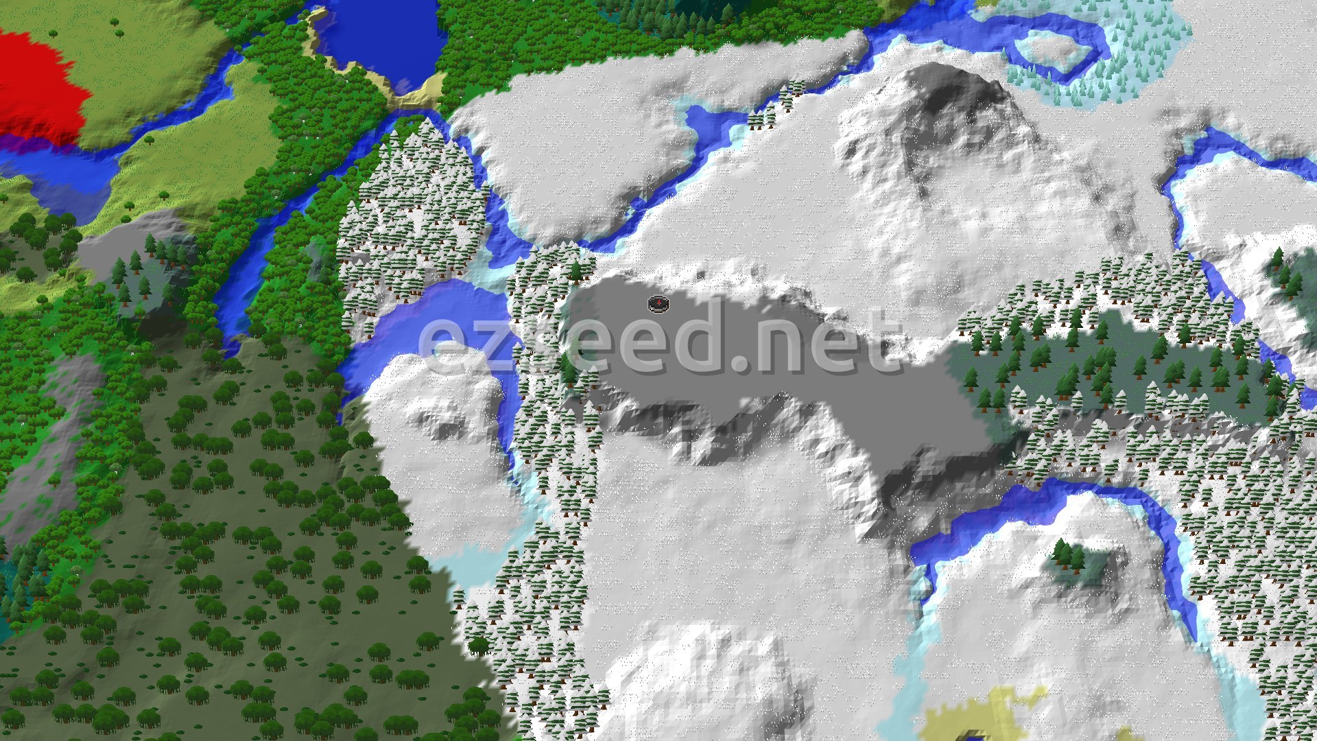 An aerial view of a Minecraft world showing snow-capped mountains and hills, with a river winding through a mix of snowy and green forests. A small spawn marker is visible near the center.