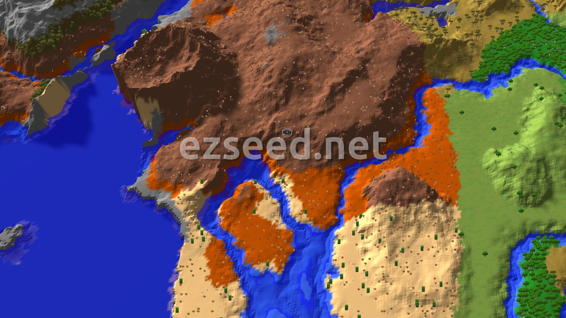 Aerial Minecraft seed map — Eroded Badlands and Desert Coast Around a Badlands Plateau