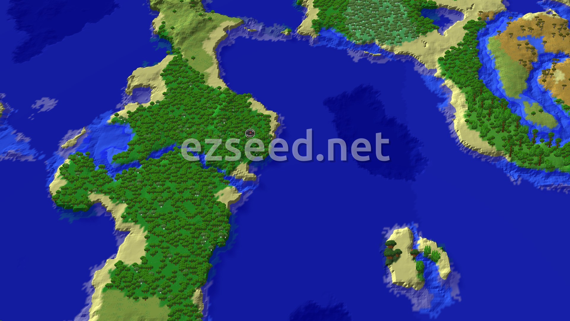 A 3D fly-over of a dense green forest island with sandy beaches, surrounded by deep blue ocean, with a second sandy island to the south-east and savanna and jungle-edged land across the water.