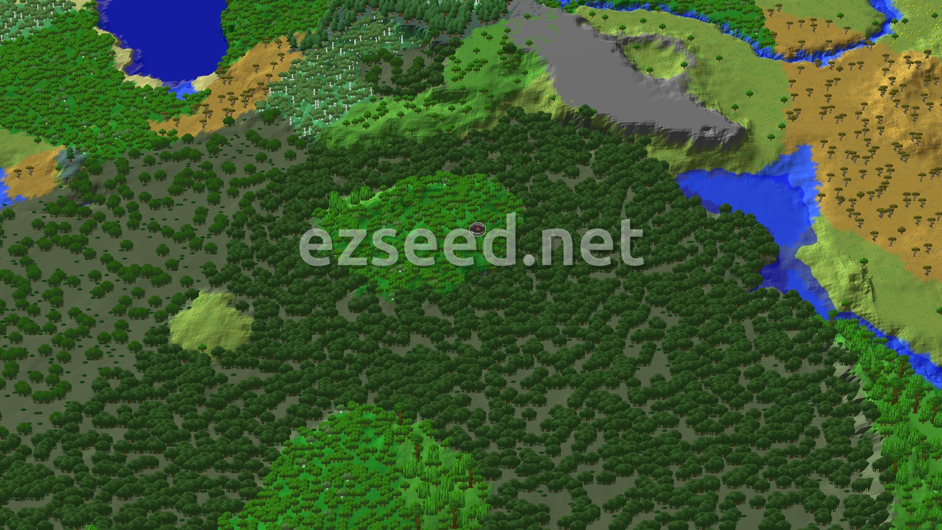 A dense canopy of dark green forest fills the centre, with a river and blue lake to the east, savanna and grassy hills along the edges, and bare grey rock to the north.