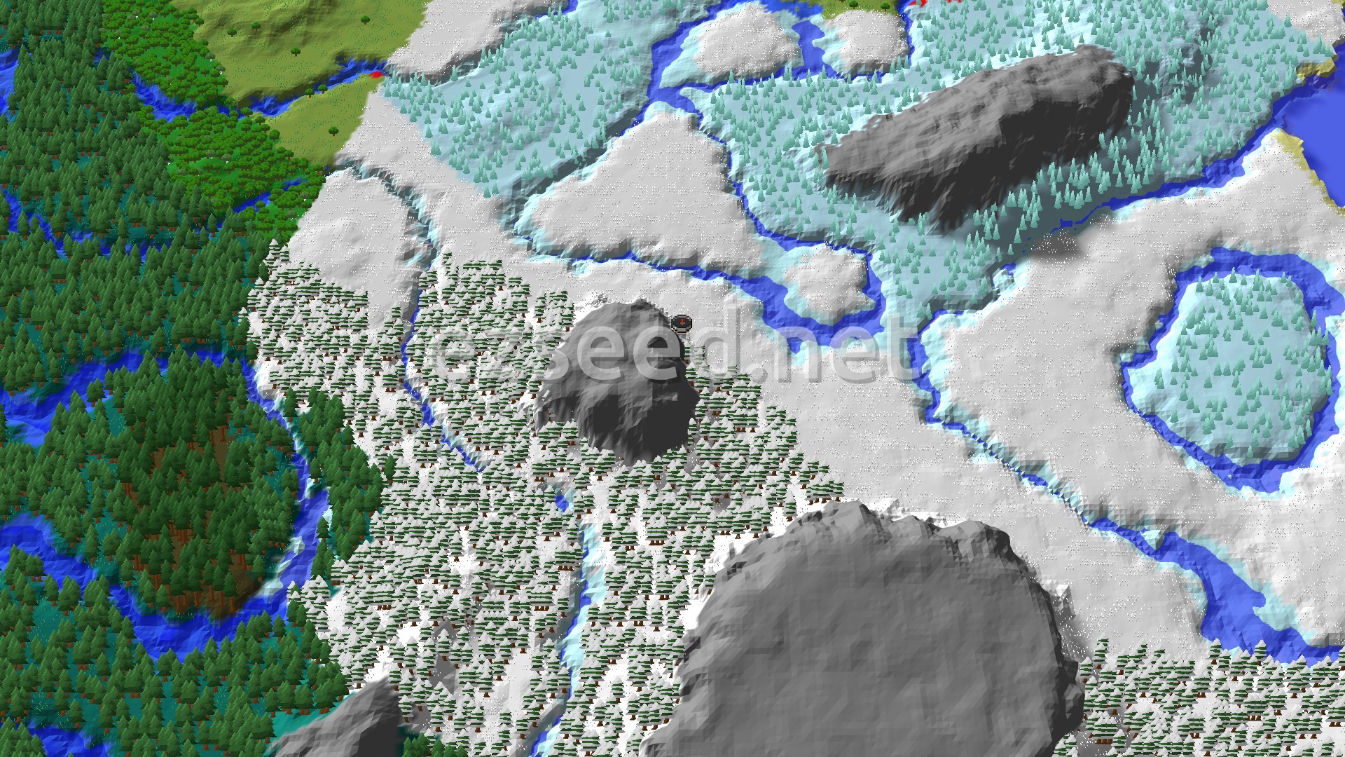 An aerial view of a snowy landscape with a mix of ice spikes, snow-covered plains, and frozen rivers, with patches of green forest to the west and a small spawn marker.