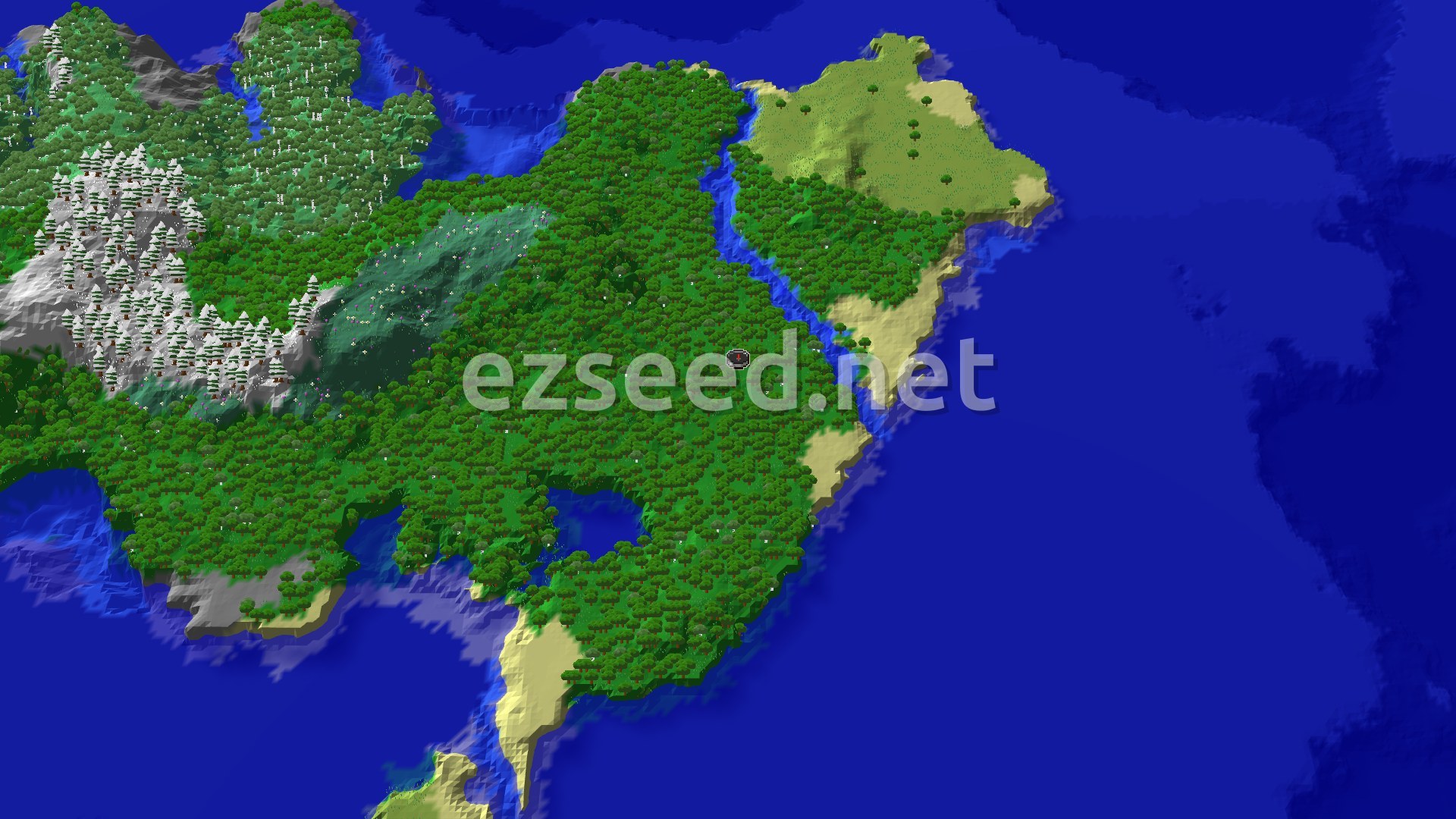 A broad island of dense forest with a river running down its east side, a grassy plateau and pale beaches along the coast, and snowy peaks to the west, all ringed by deep blue ocean.