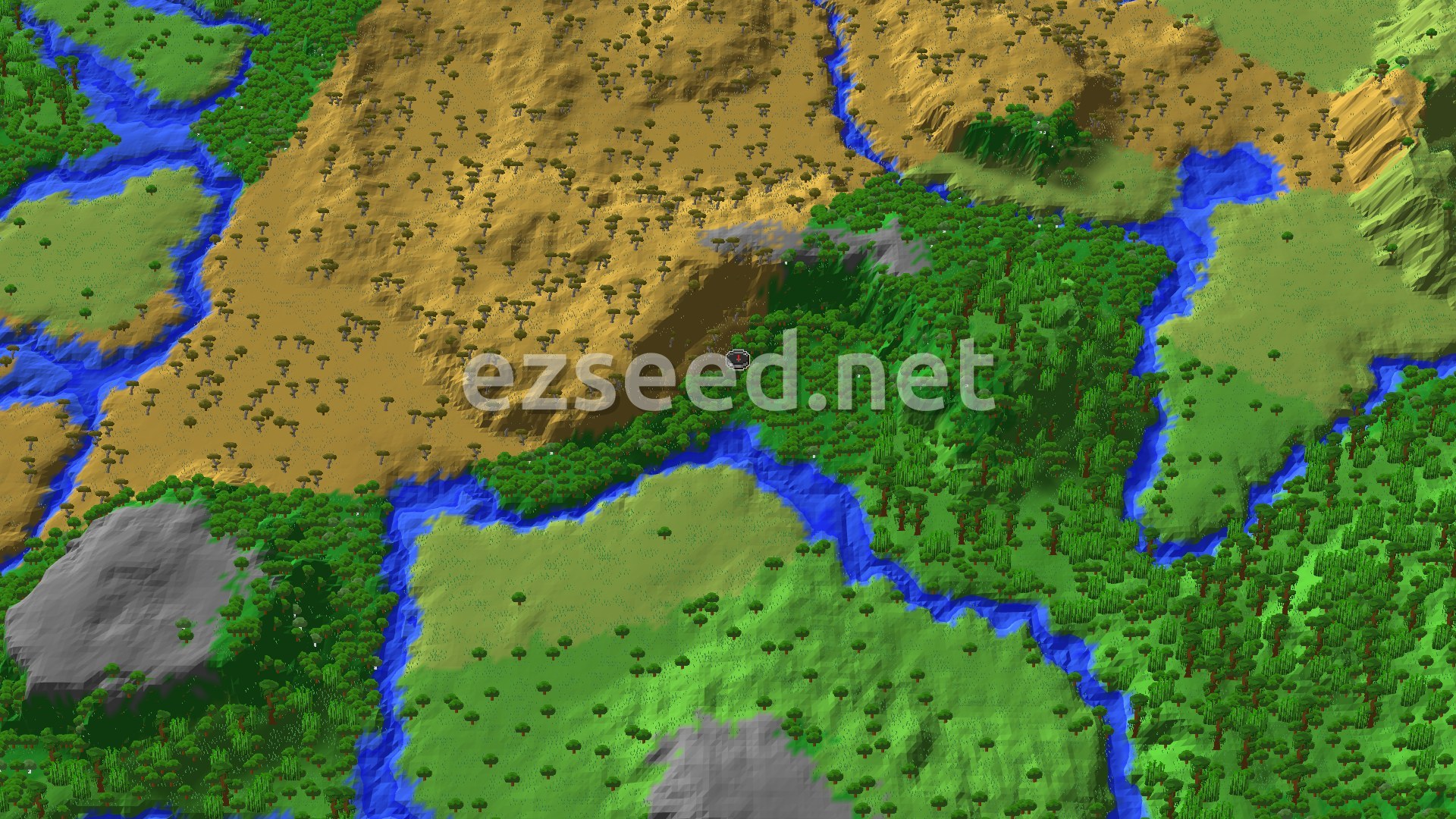 An aerial view of a verdant forest valley, ringed by higher savanna and stony peaks, with blue rivers snaking through the landscape and a small spawn marker at its center.