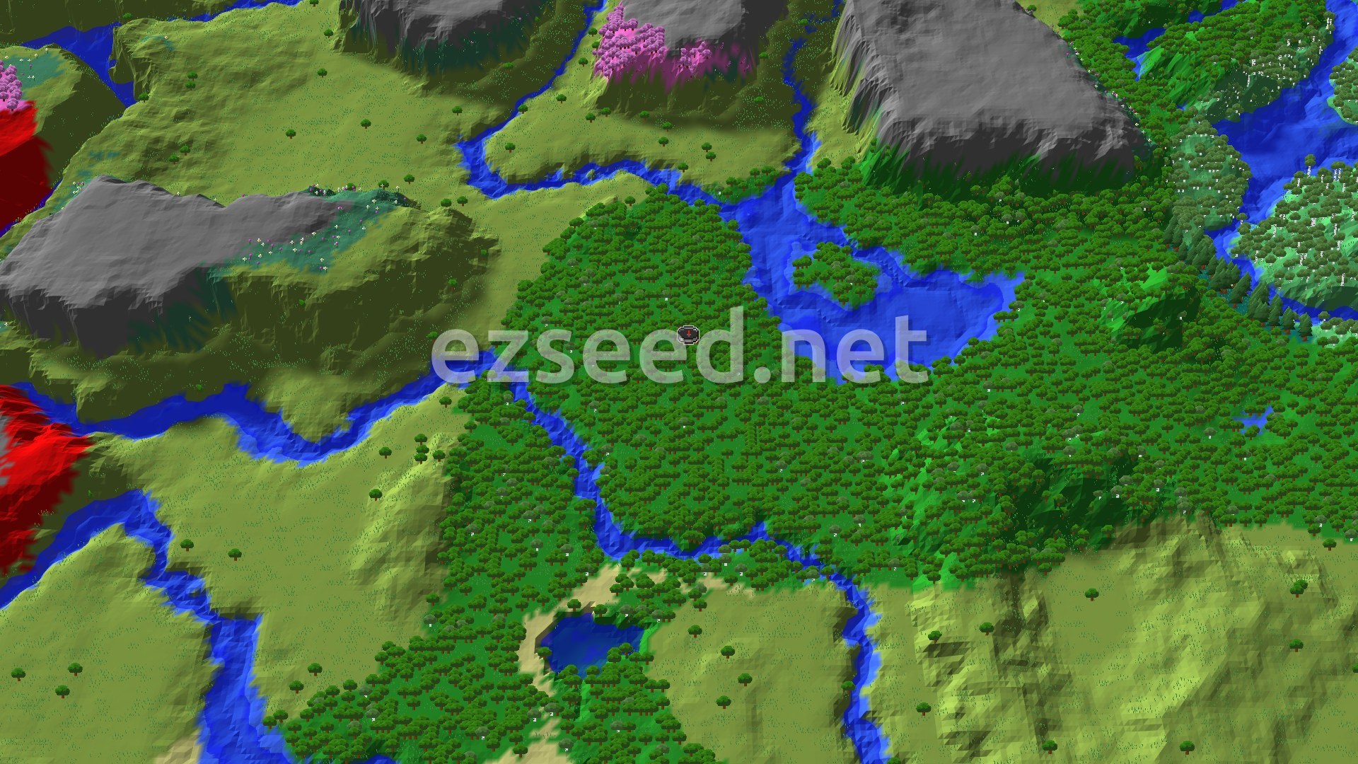 A 3D fly-over rendering of the seed's spawn area, showing dense green forests, winding blue rivers, and rolling light-green hills. A patch of pink trees for a Cherry Grove is visible in the distance, alongside some grey mountains.