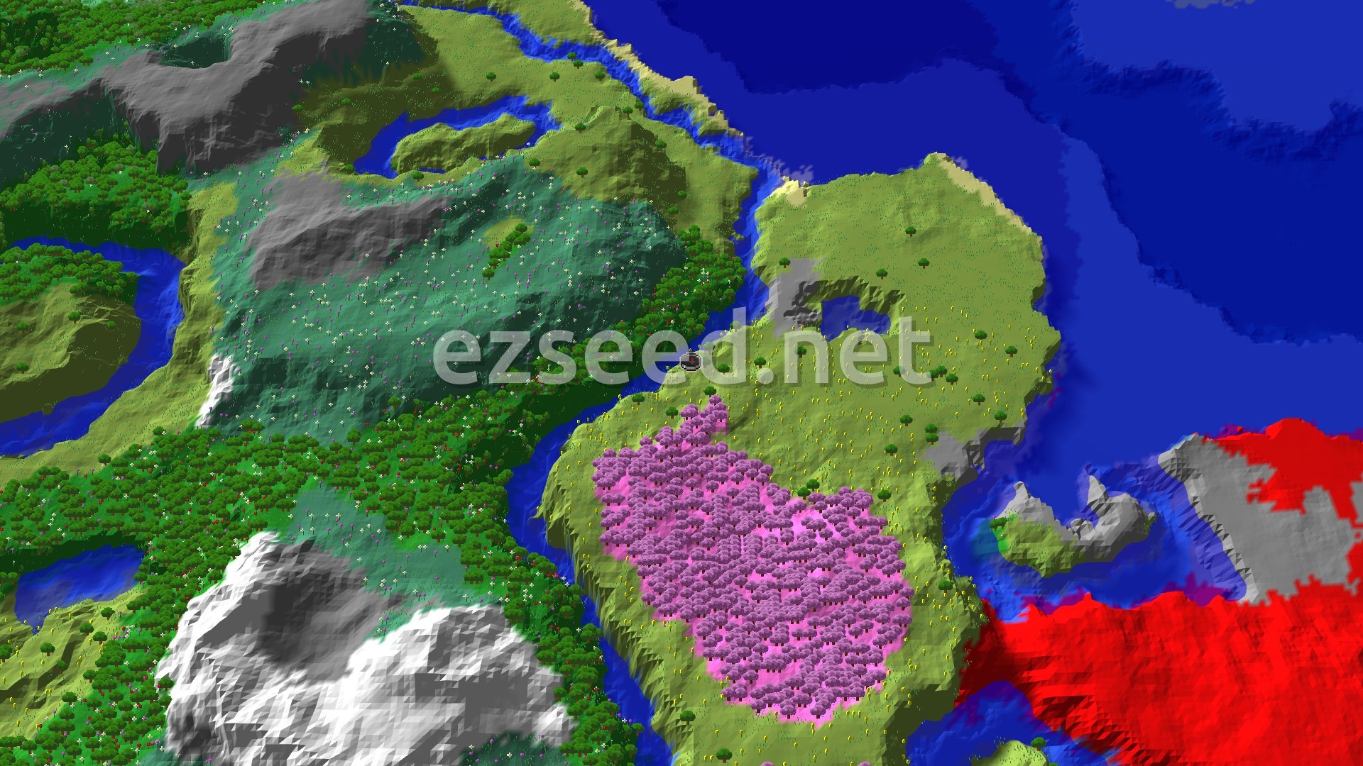 An overhead 3D view of diverse biomes including a large pink Cherry Grove, green forests, and blue rivers and oceans, with snowy mountains in the distance.