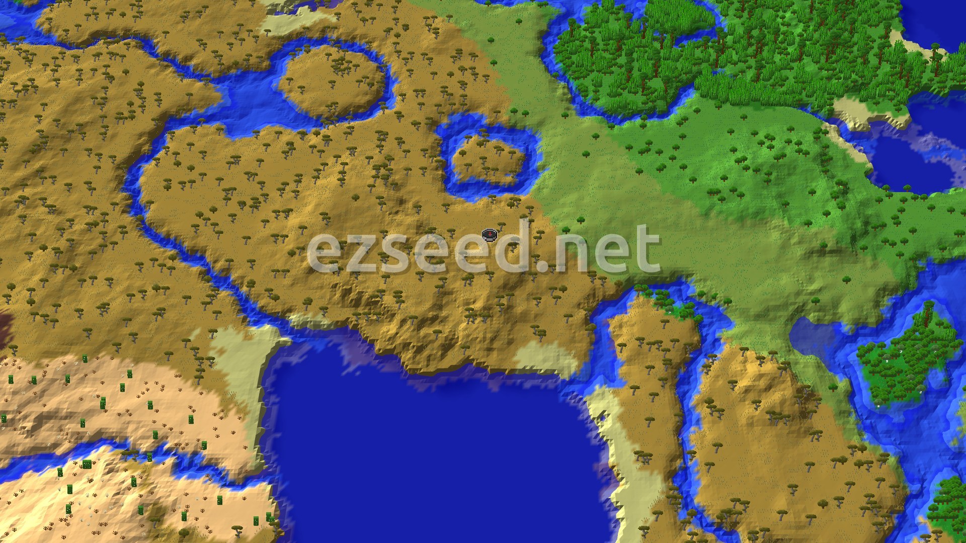 An overhead view of a savanna biome with scattered acacia trees, winding rivers, and a large jungle biome bordering the savanna to the east. A small spawn marker is visible near the center.
