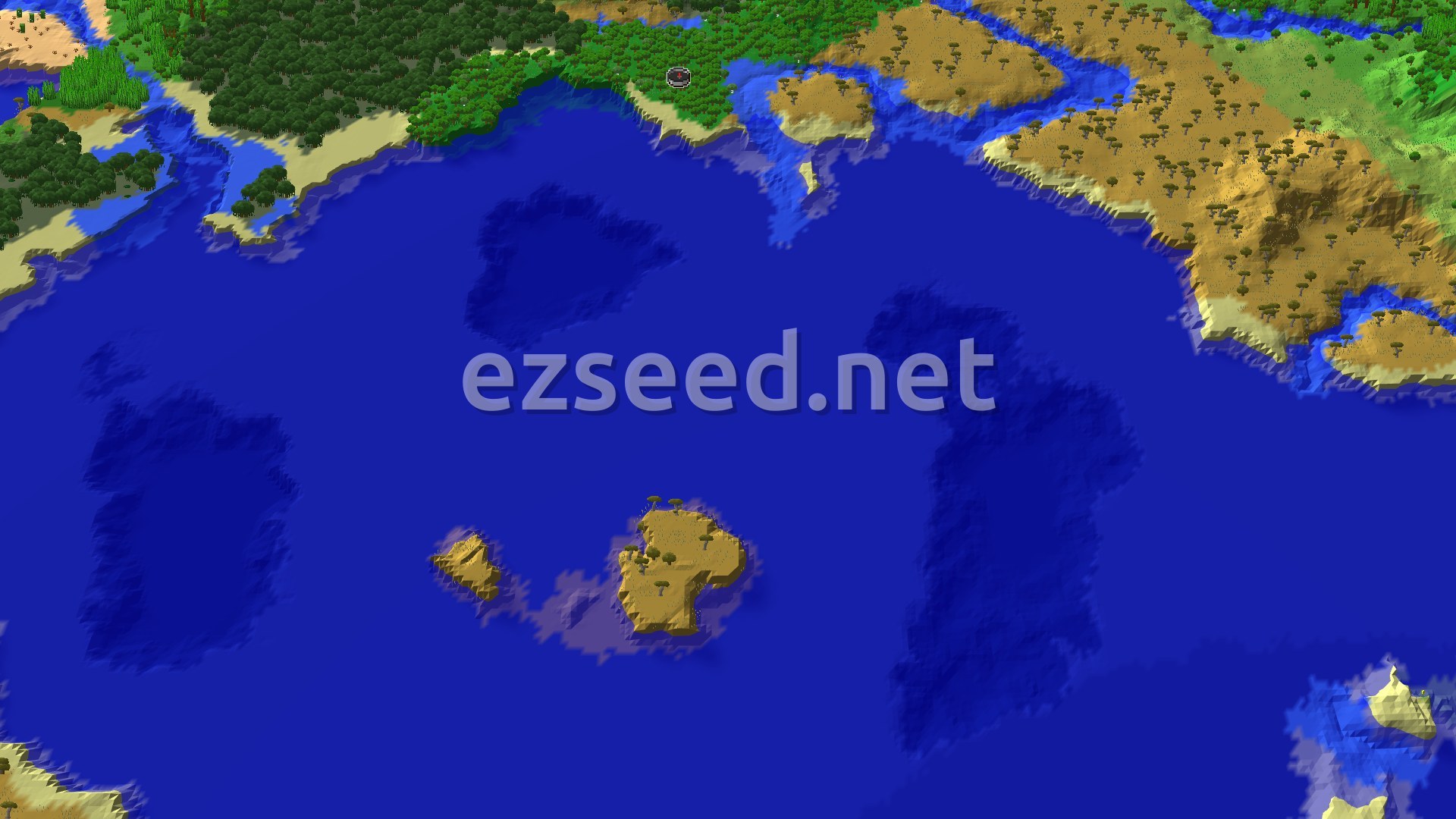 A dark forest on the northern shore overlooks a wide blue bay, with savanna hills to the east and two small sandy islands in the open water.
