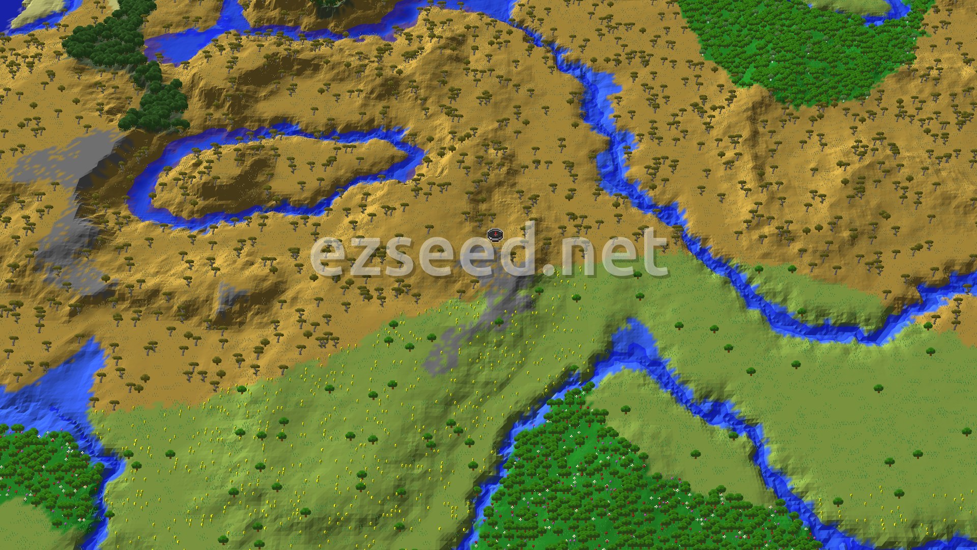 A fly-over of a rolling savanna dotted with acacia trees, split by narrow blue rivers, with grassy plains and a dense forest patch to the south.