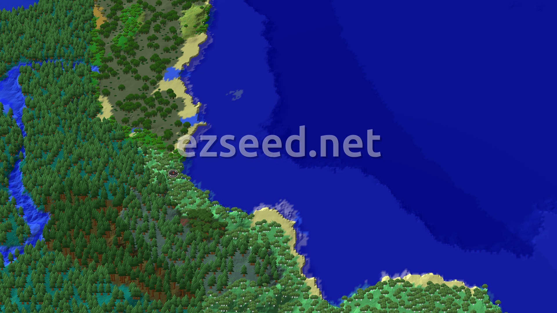 An aerial view of a heavily forested landscape with a winding river and a large ocean to the east, with a spawn marker in the lower center.