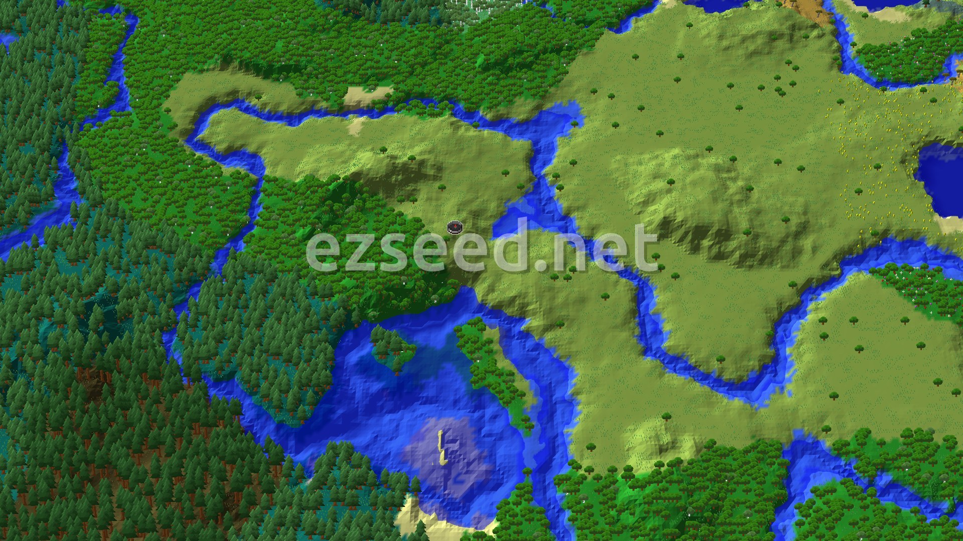 Aerial Minecraft seed map — Plains Between Rivers and Taiga, Village 300 Blocks Out
