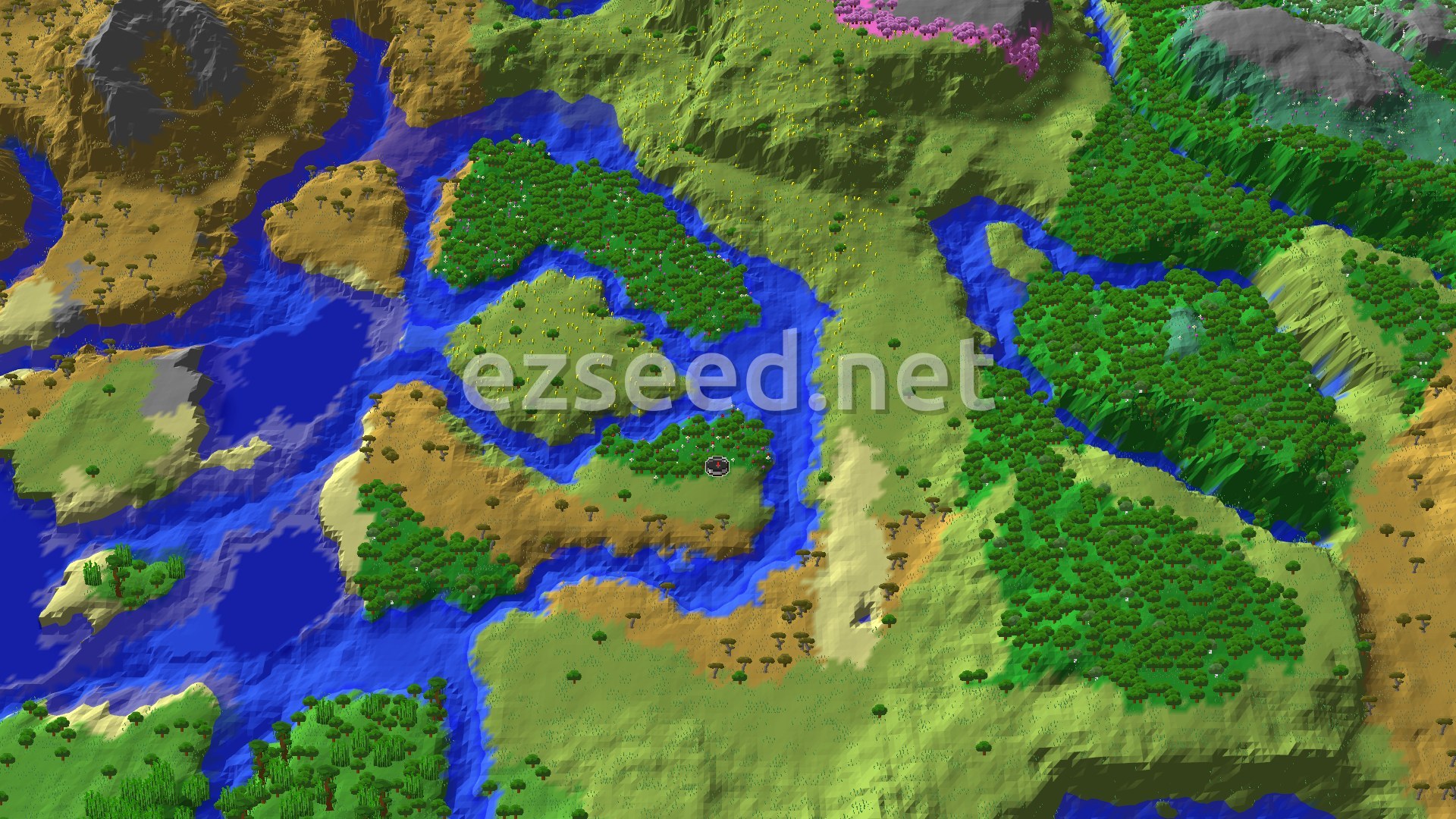 An overhead 3D view of a Minecraft island surrounded by water, featuring plains, savanna, and forests, with a small spawn marker in the center.