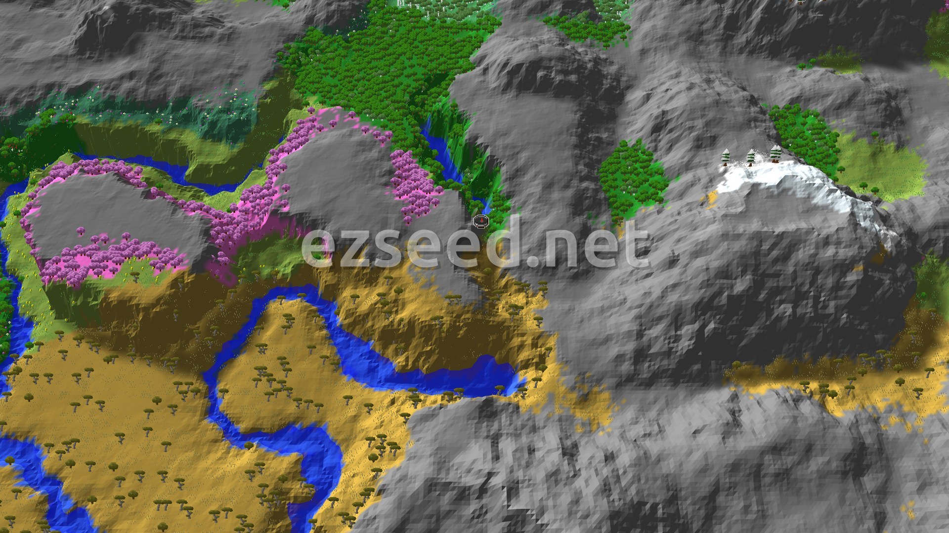 A bird's-eye view shows a spawn marker in a Plains biome, surrounded by vibrant pink cherry groves, green forests, golden savannas, and imposing gray and snow-capped mountains with winding blue rivers.