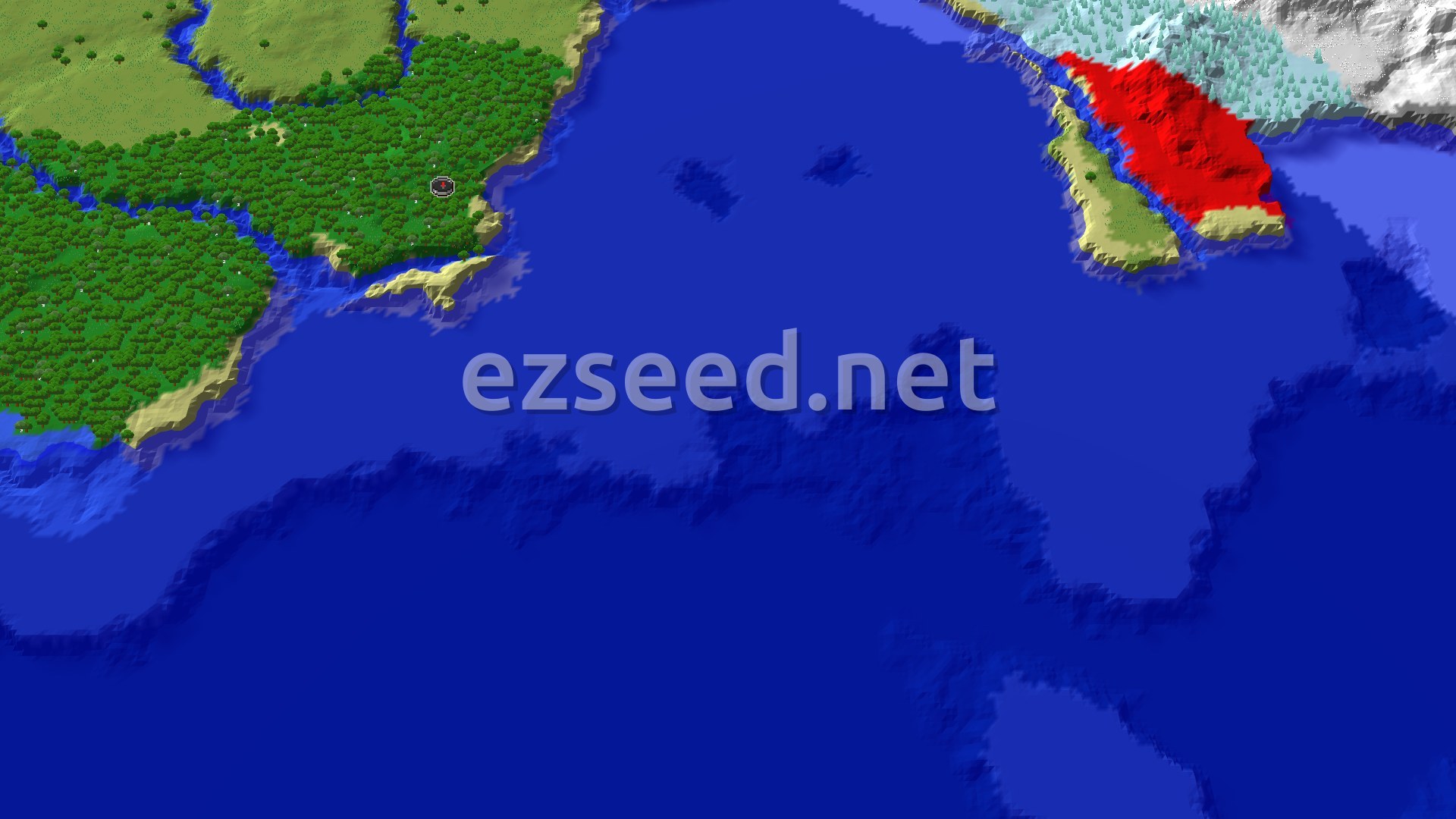 A dense green forest on the left meets a wide blue cold ocean, with sandy beaches at the shoreline and snowy ground and pale hills far across the water.