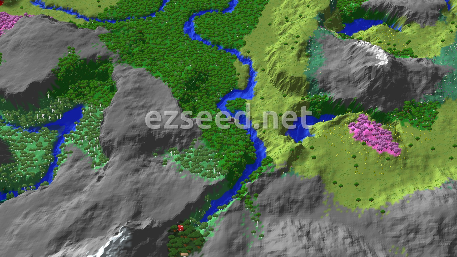 An aerial view of a green forest with a winding river, flanked by grey mountains and a patch of pink cherry trees.