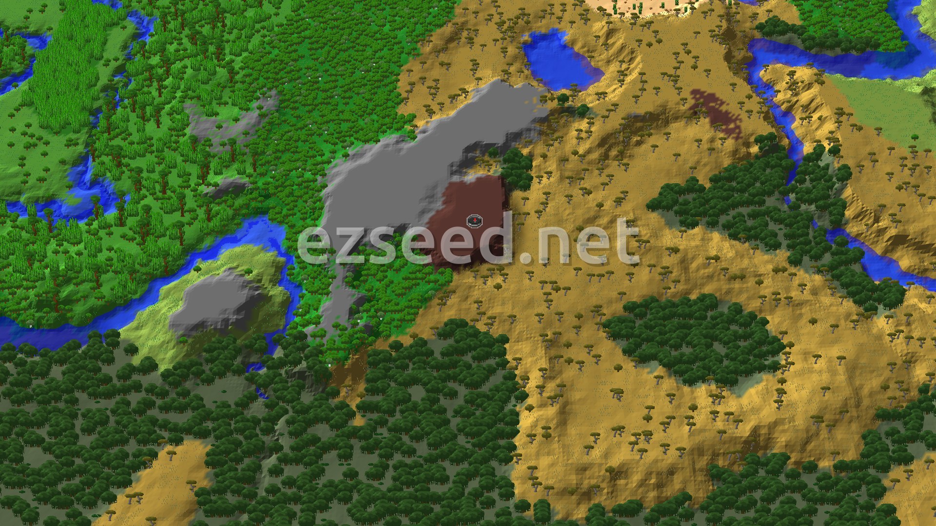 A 3D fly-over of golden savanna with scattered acacias meeting a green forest on the left, rivers cutting through, a small pond at the top and dense dark mangrove canopy filling the bottom.