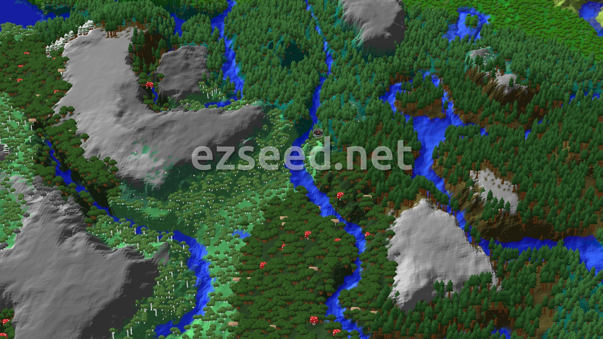 A fly-over of thick birch and spruce forest cut by winding rivers, with bare grey stone hills on both sides and red mushrooms dotting the forest floor.