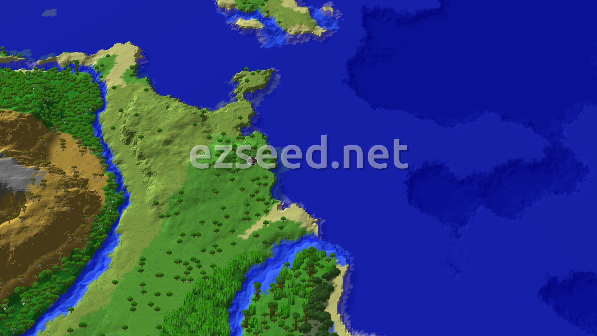 A green, tree-dotted peninsula juts into deep blue ocean, with a savanna-brown plateau and dense forest on the left and bamboo stands at the bottom.