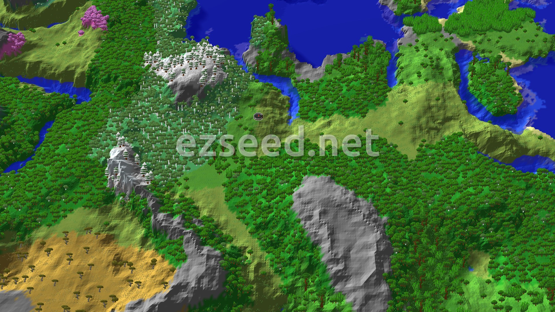 Aerial Minecraft seed map — Jungle Temple Past a Sparse Jungle and Stony Peaks Spawn