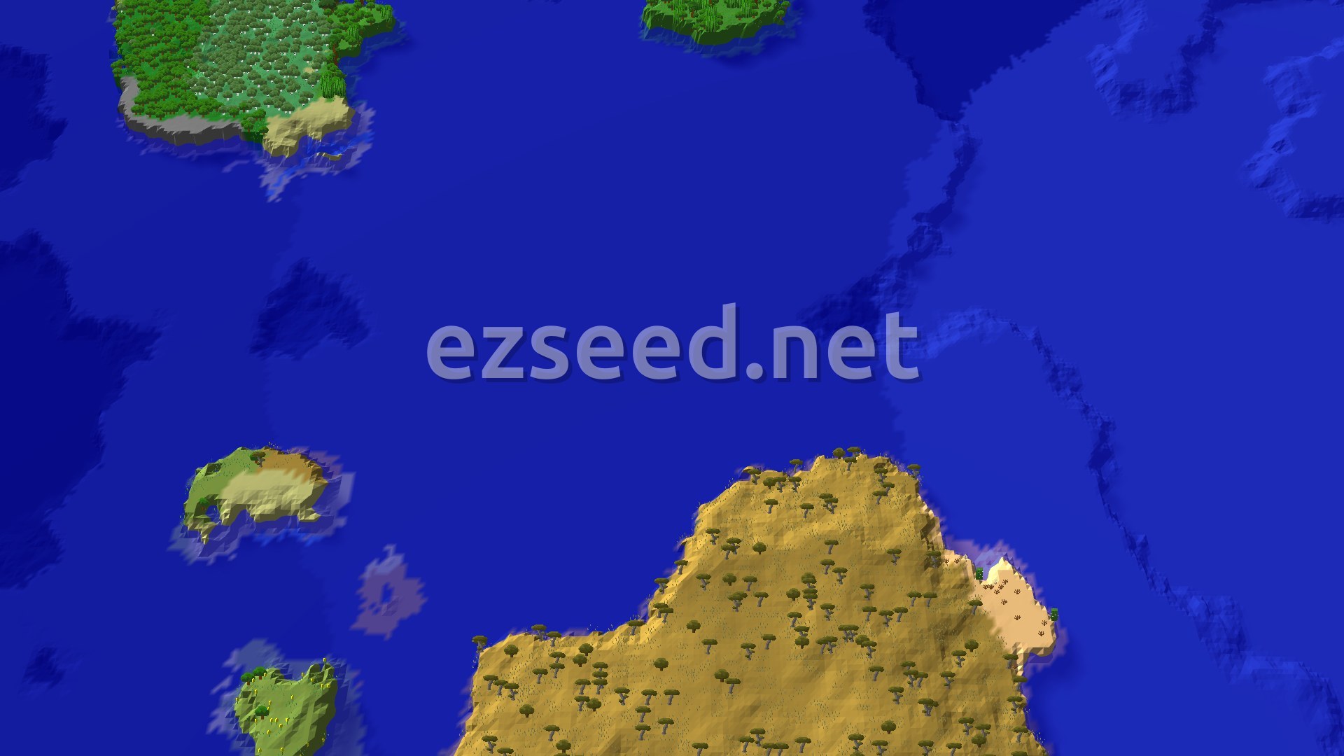 A bird's eye view of several islands in a blue ocean, with the largest island covered in green jungle trees and some lighter sandy areas.